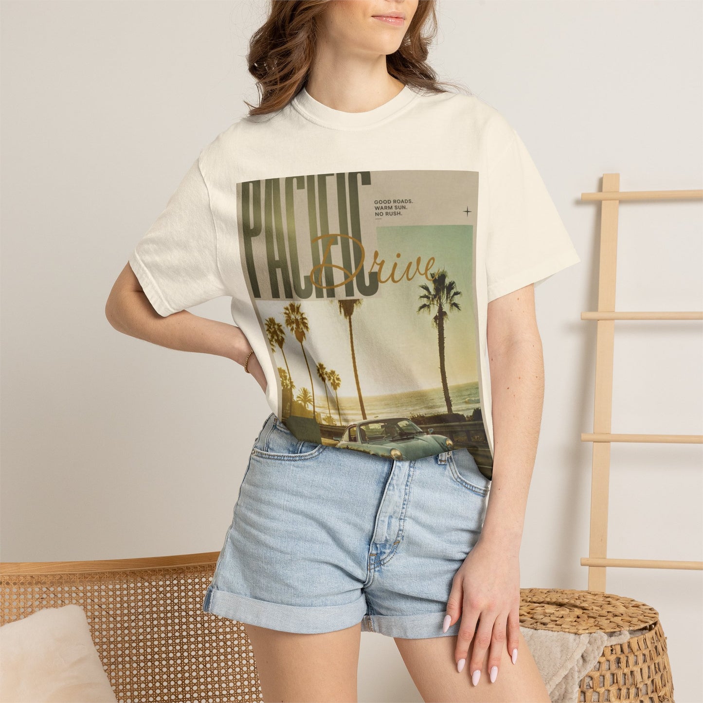 Pacific Drive Vintage Beach T-Shirt – Sunset Palm Coastal Graphic Tee