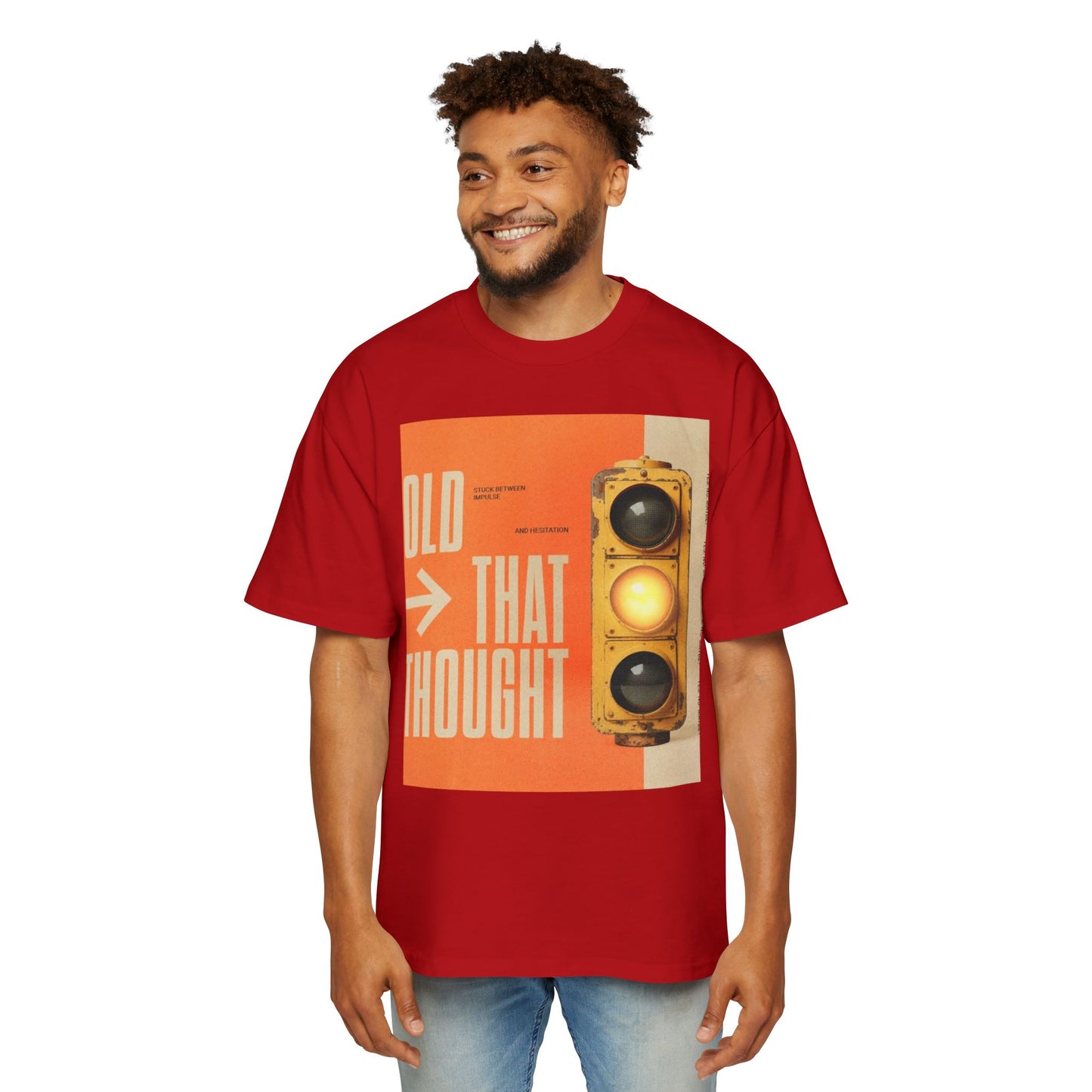Oversized Tee — Retro Traffic Light 'Hold That Thought' Graphic