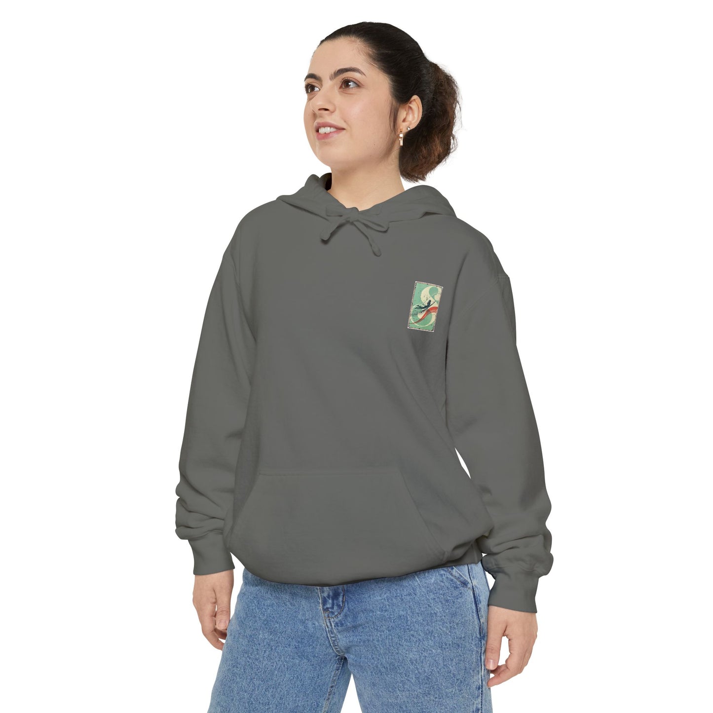 White Hoodie with Retro Skate Sticker Graphic — Vintage Skateboard Design