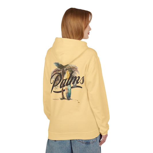 Cozy Beach Vibes Hoodie - Palm Tree & Surf Design