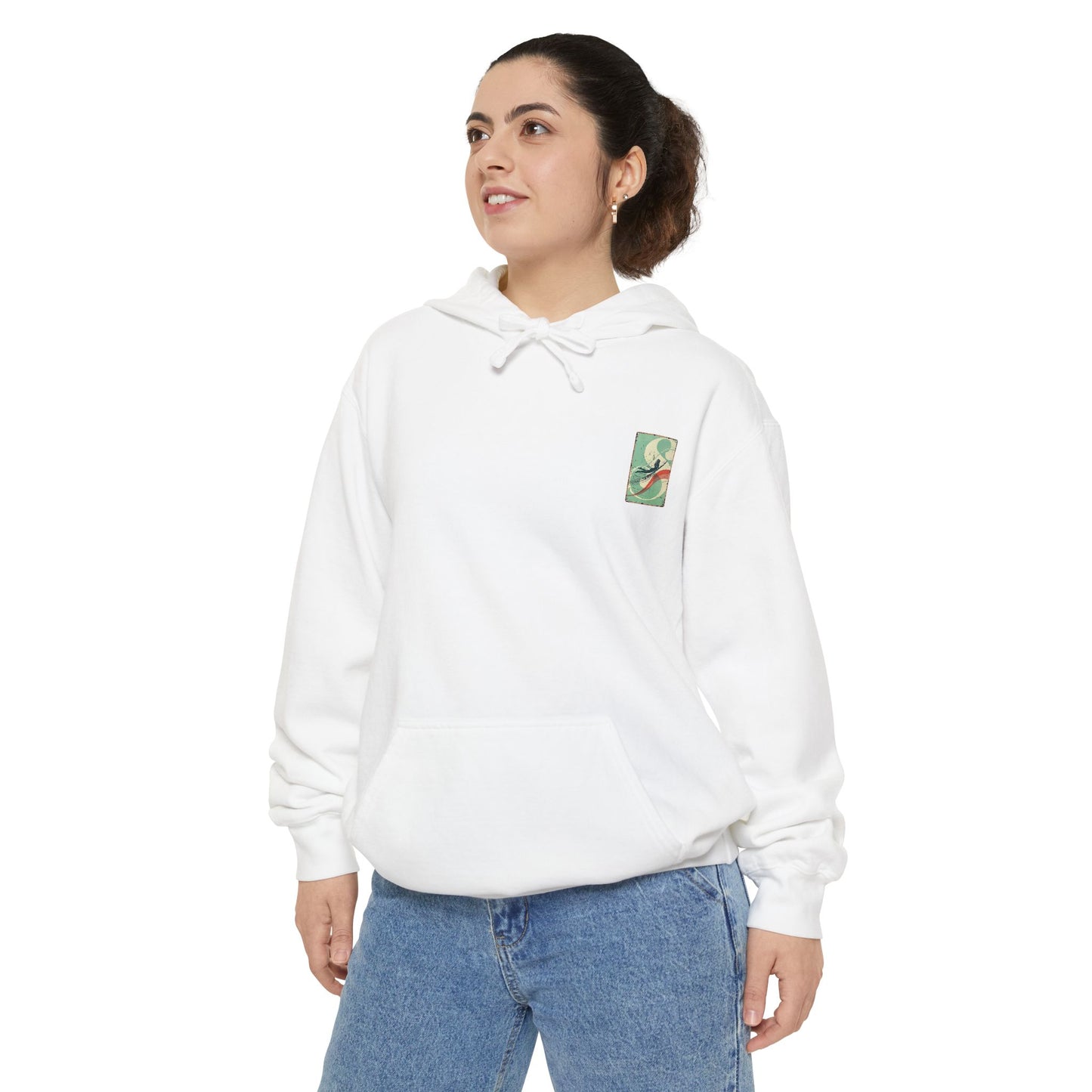 White Hoodie with Retro Skate Sticker Graphic — Vintage Skateboard Design