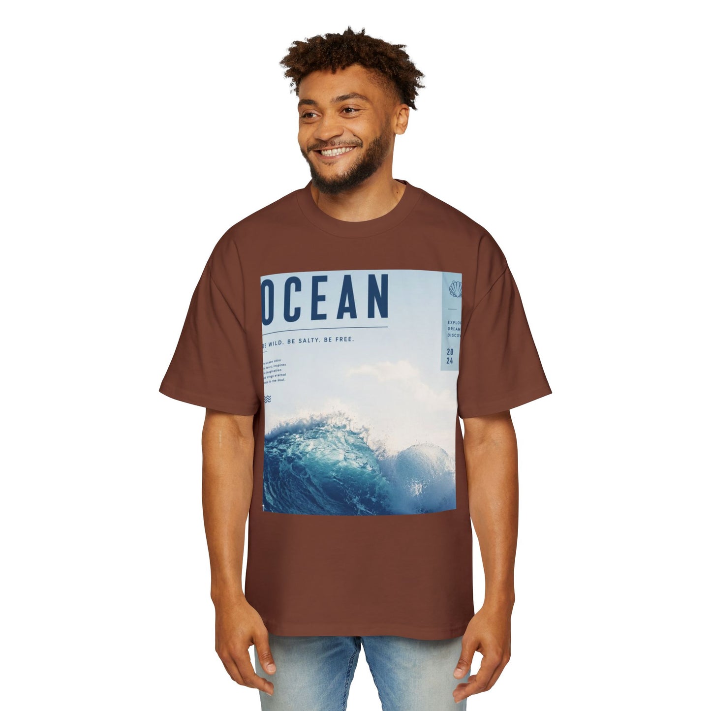 Ocean Wave Graphic Tee — "OCEAN" Photo Print Oversized Men's T-Shirt