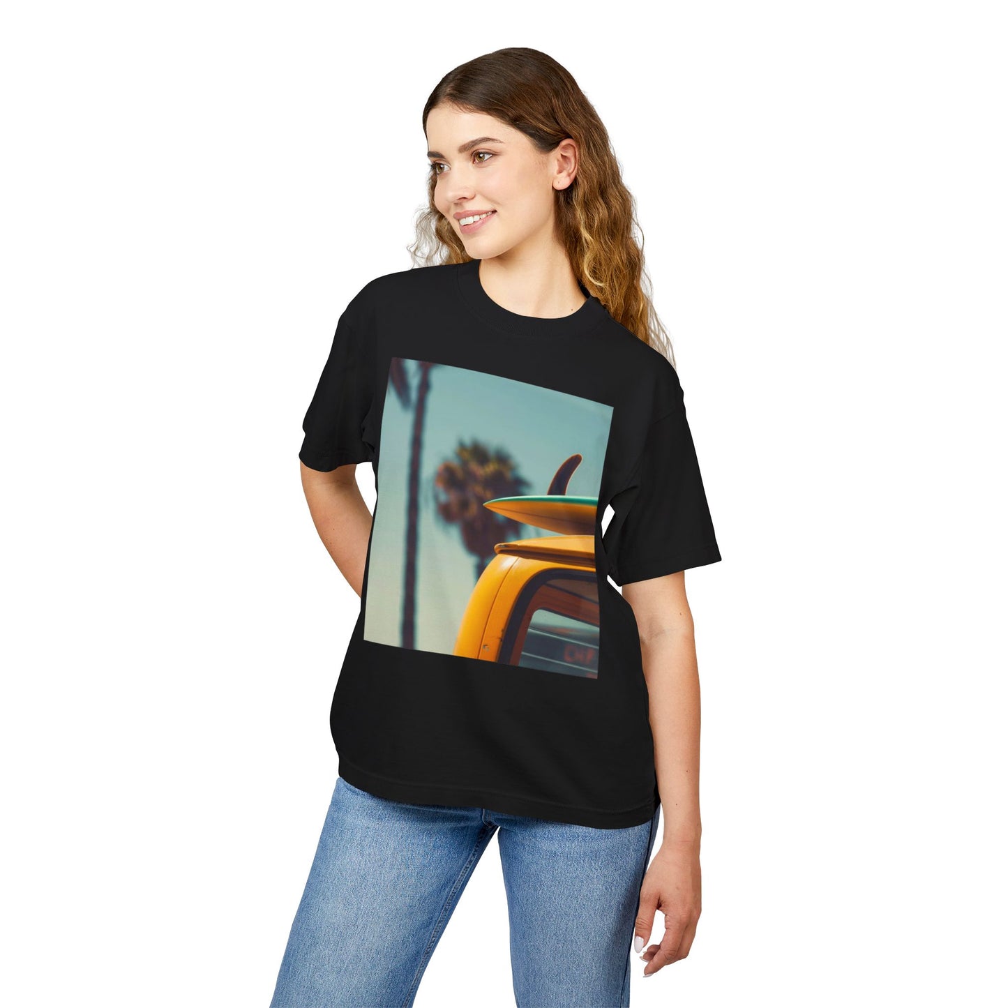 Surf Van Beach Photo Tee — Vintage Palm & Surfboard Graphic T-Shirt