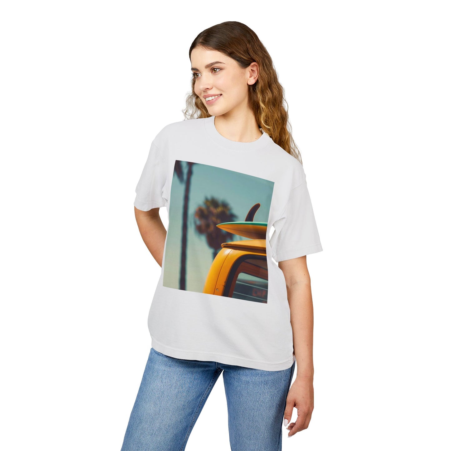 Surf Van Beach Photo Tee — Vintage Palm & Surfboard Graphic T-Shirt