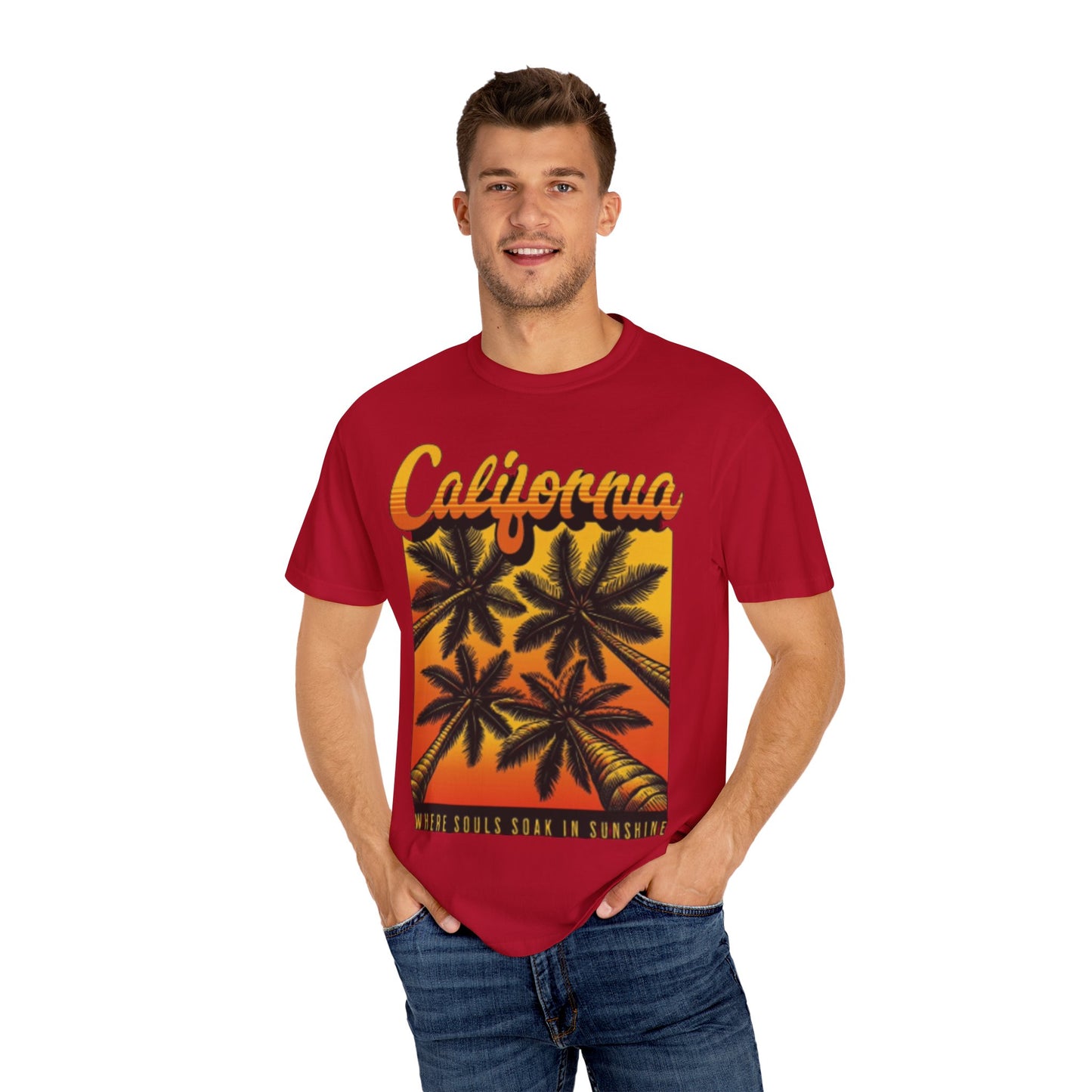 California Sunset T-Shirt - Garment-Dyed Unisex Tee with Palm Tree Design