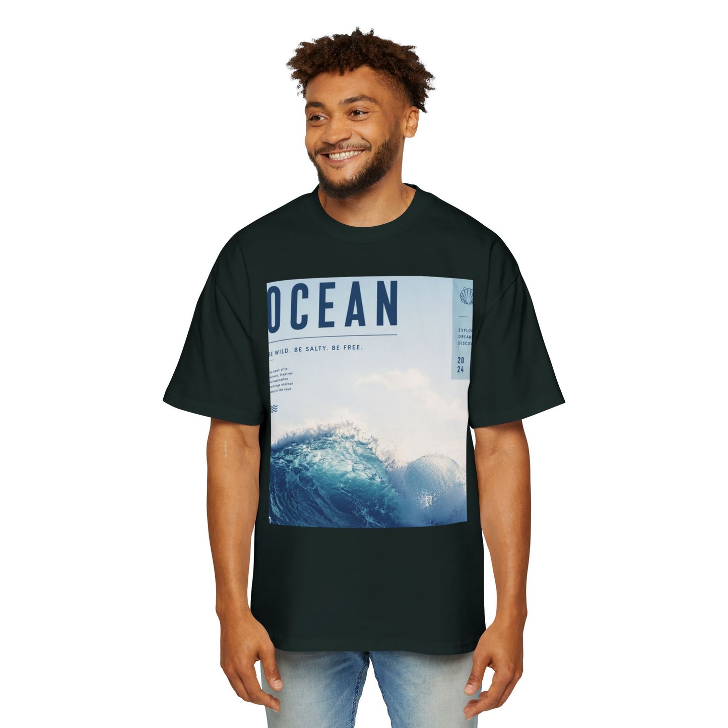 Ocean Wave Graphic Tee — "OCEAN" Photo Print Oversized Men's T-Shirt