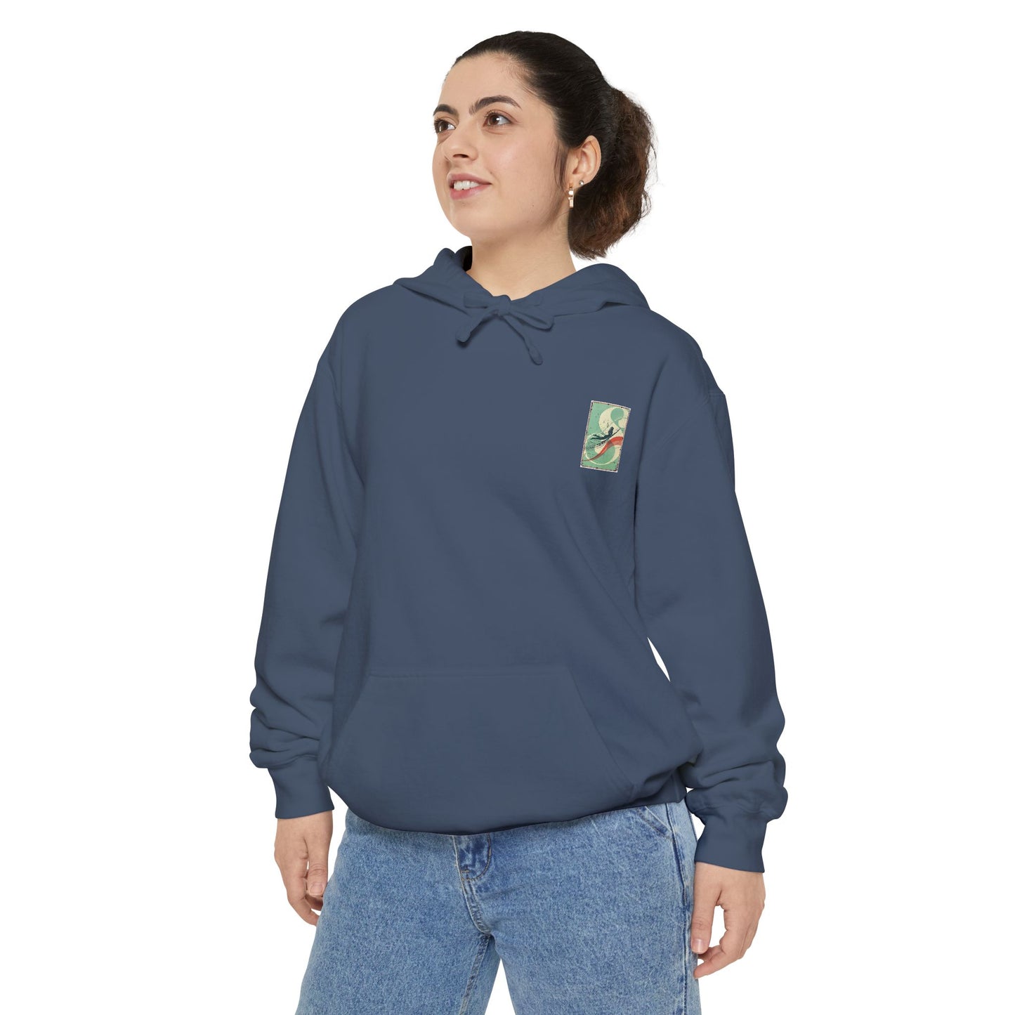 White Hoodie with Retro Skate Sticker Graphic — Vintage Skateboard Design