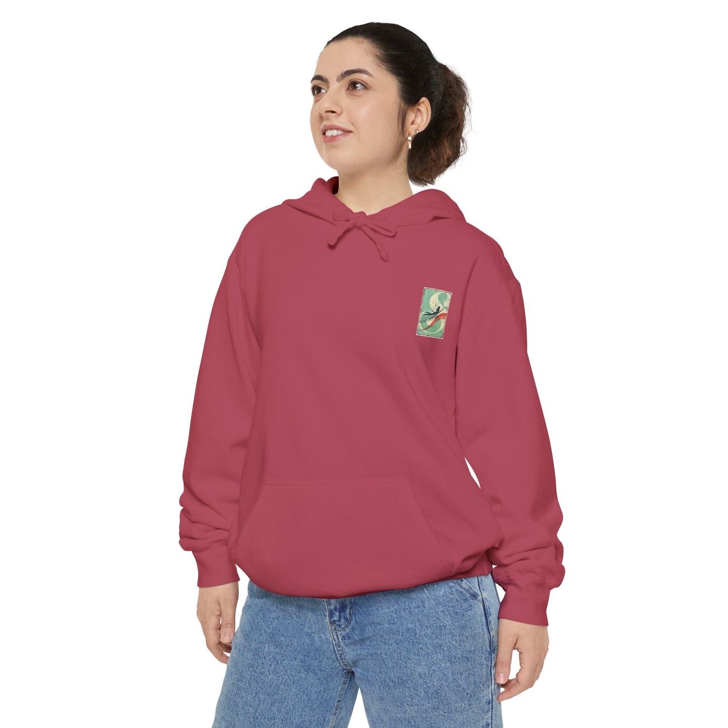 White Hoodie with Retro Skate Sticker Graphic — Vintage Skateboard Design