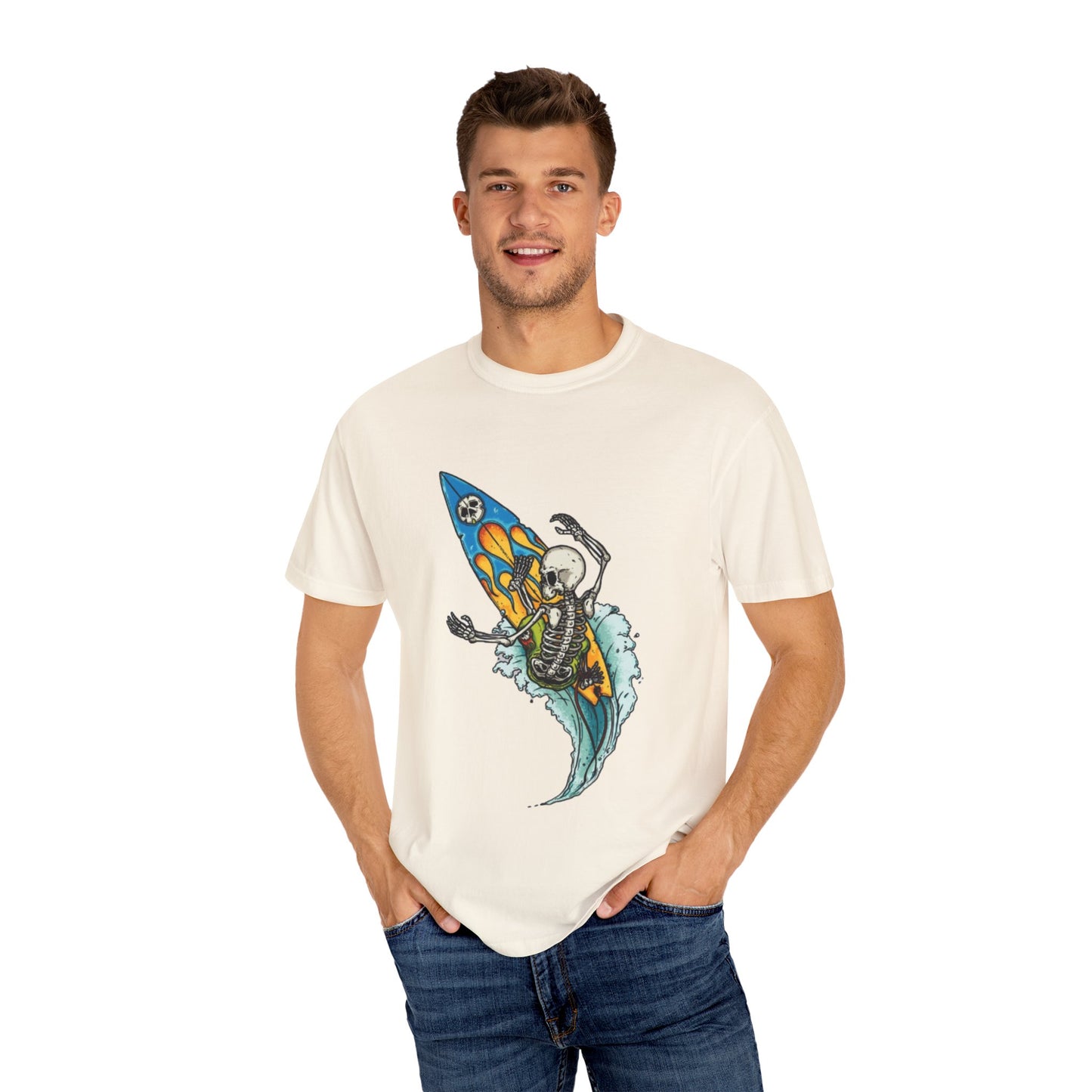 Surfing Skeleton Unisex T-shirt | Graphic Tee, Vintage Style, Beachwear, Gift for Surfers, Fun Summer Look