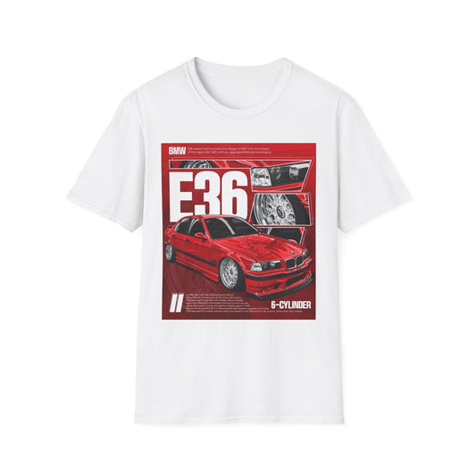 BMW E36 Graphic Unisex Softstyle T-Shirt, Car Enthusiast Tee, Vintage Auto Shirt, Gift for Him, Racing Apparel, Automotive Fashion