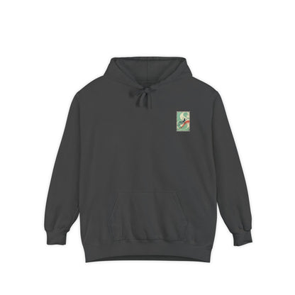 White Hoodie with Retro Skate Sticker Graphic — Vintage Skateboard Design