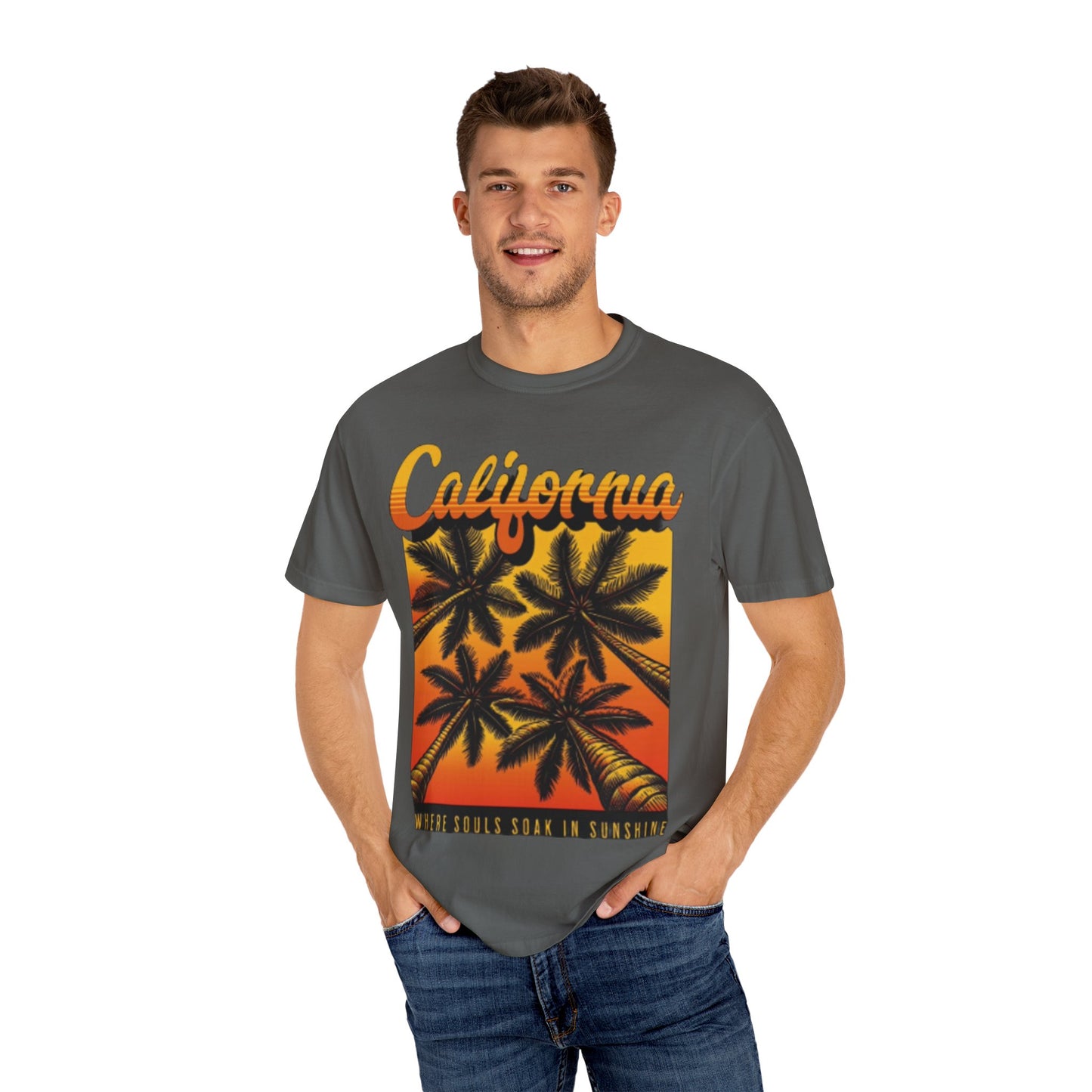California Sunset T-Shirt - Garment-Dyed Unisex Tee with Palm Tree Design