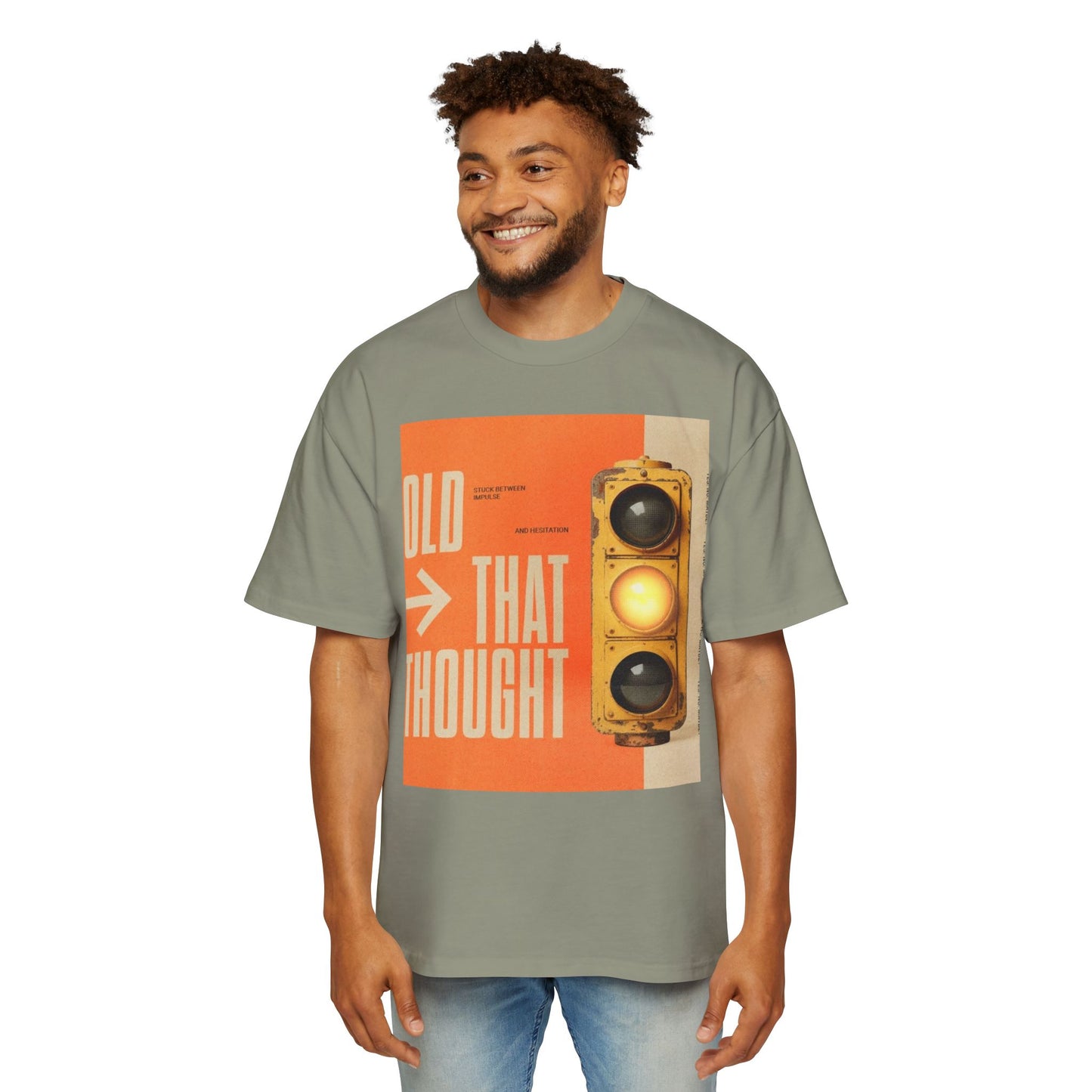 Oversized Tee — Retro Traffic Light 'Hold That Thought' Graphic