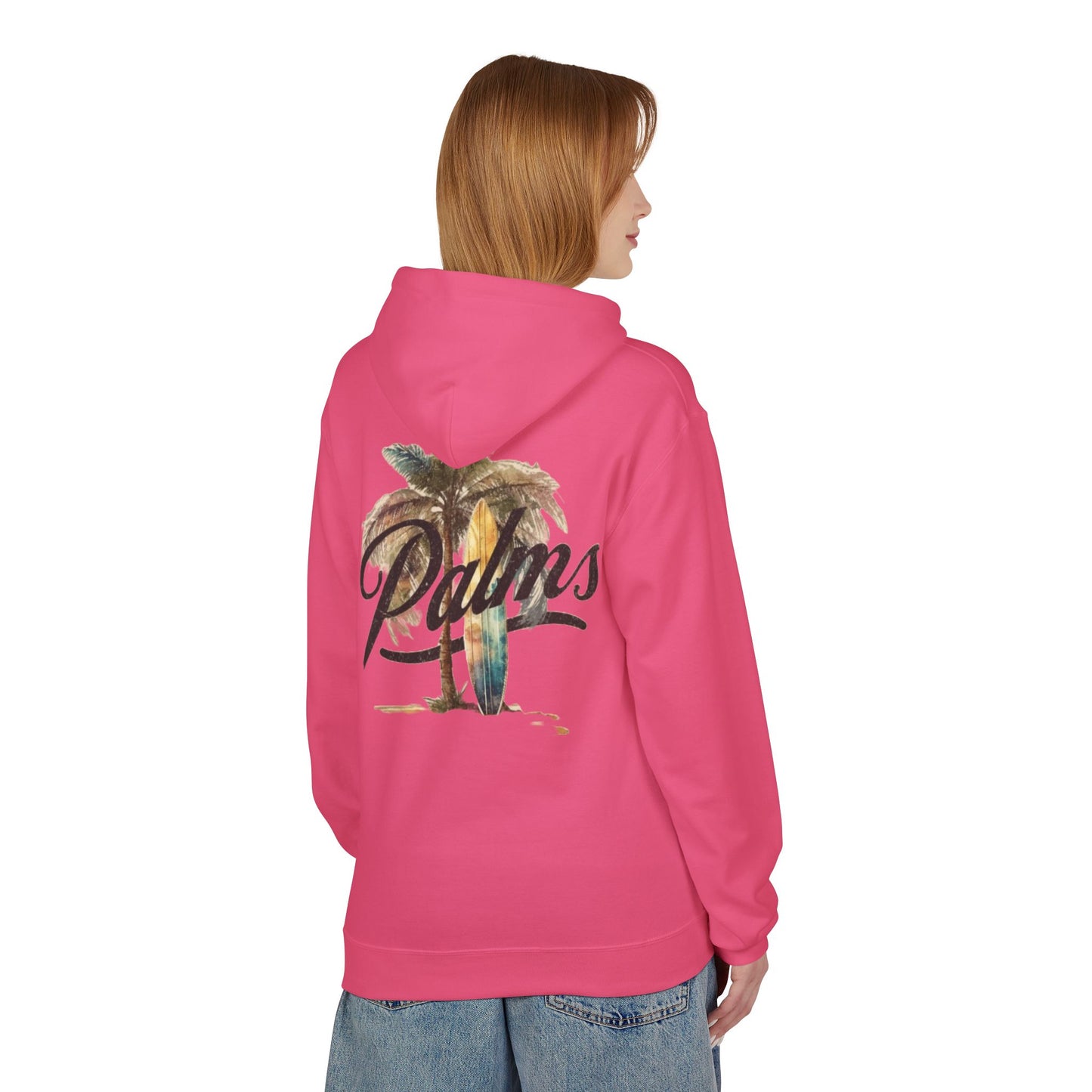 Cozy Beach Vibes Hoodie - Palm Tree & Surf Design