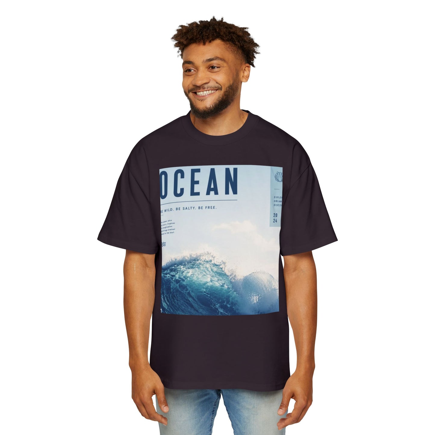 Ocean Wave Graphic Tee — "OCEAN" Photo Print Oversized Men's T-Shirt