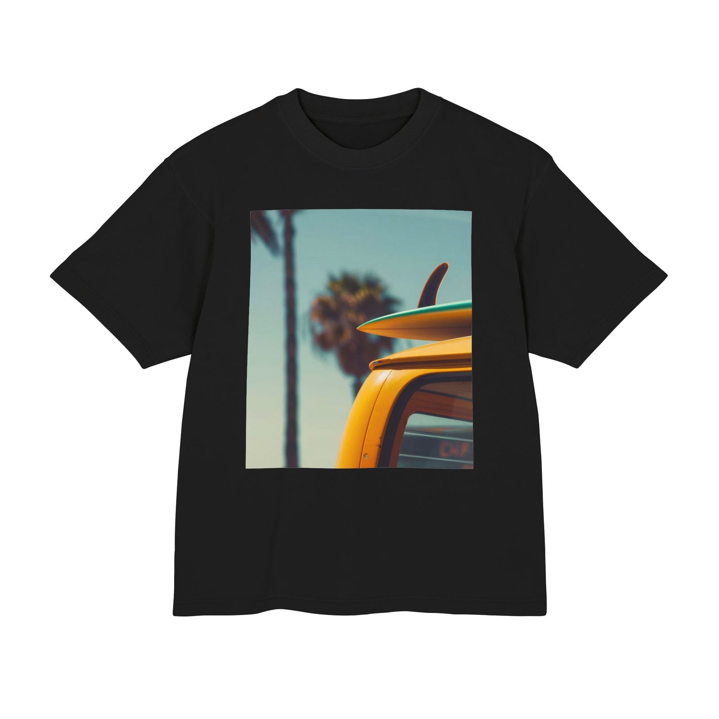 Surf Van Beach Photo Tee — Vintage Palm & Surfboard Graphic T-Shirt