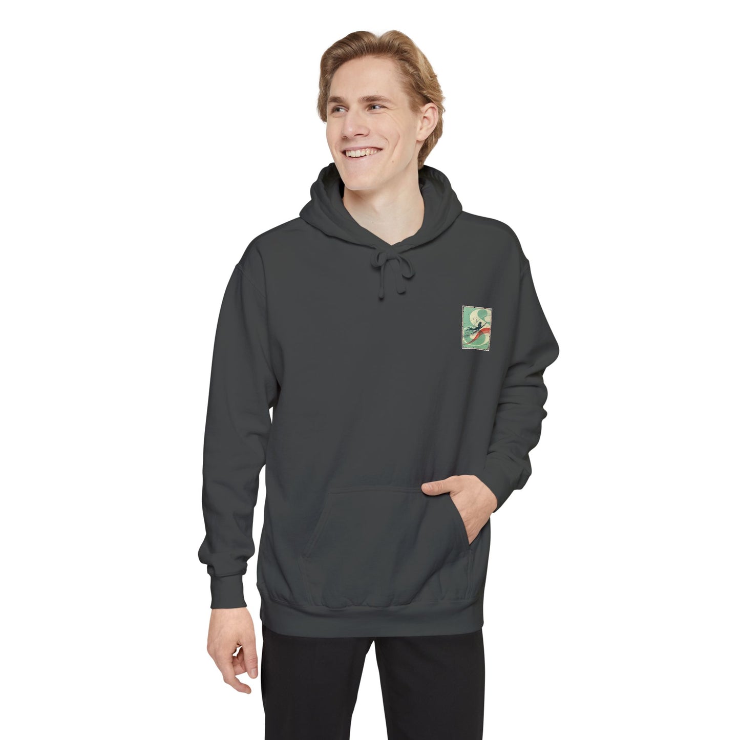 White Hoodie with Retro Skate Sticker Graphic — Vintage Skateboard Design