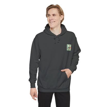 White Hoodie with Retro Skate Sticker Graphic — Vintage Skateboard Design