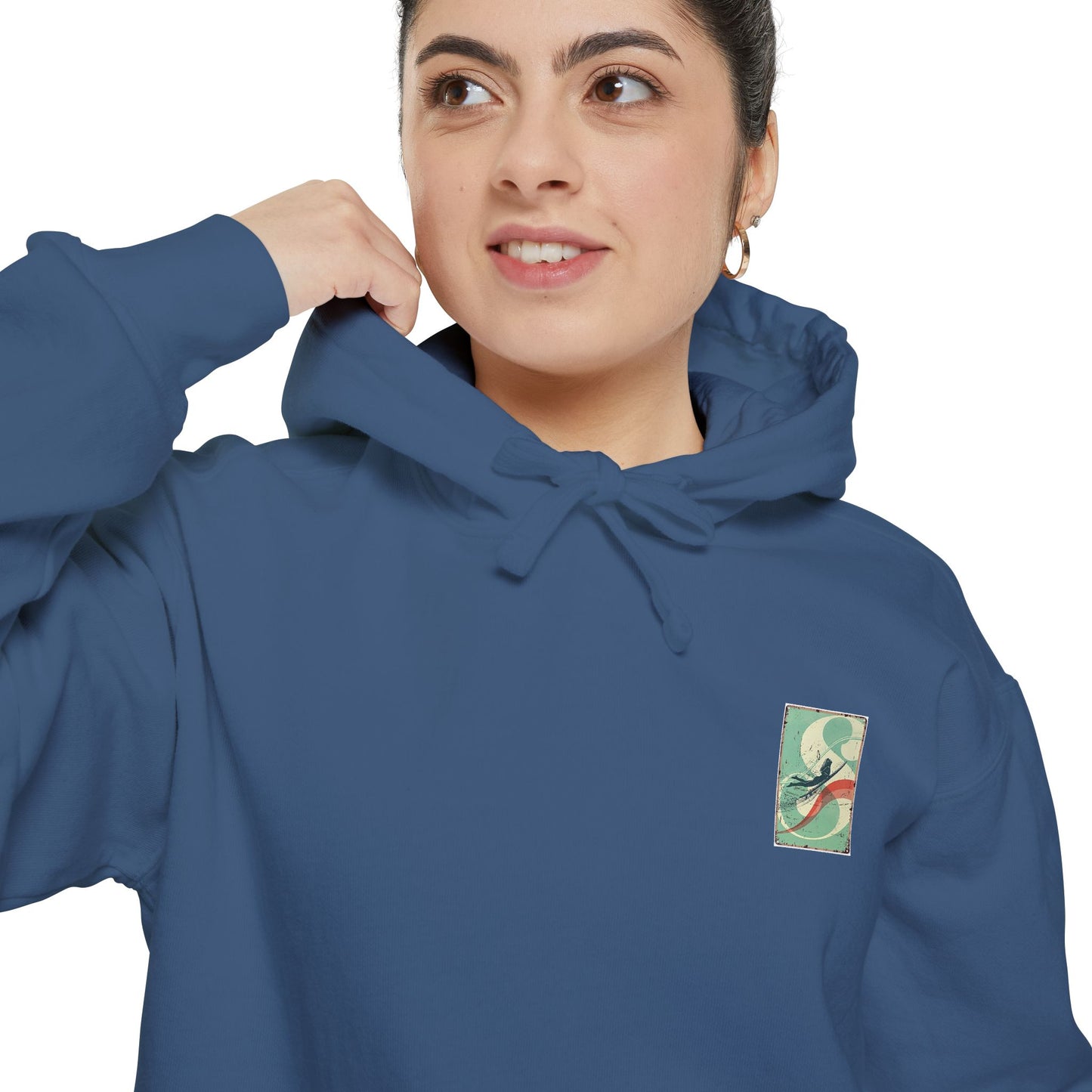 White Hoodie with Retro Skate Sticker Graphic — Vintage Skateboard Design