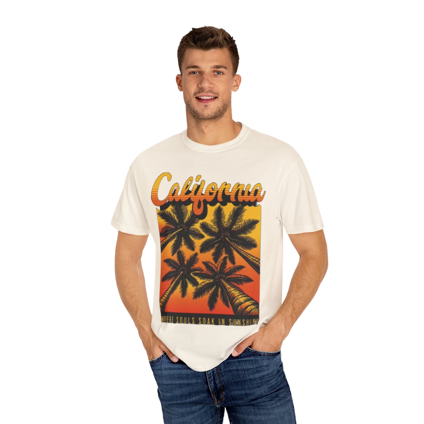 California Sunset T-Shirt - Garment-Dyed Unisex Tee with Palm Tree Design