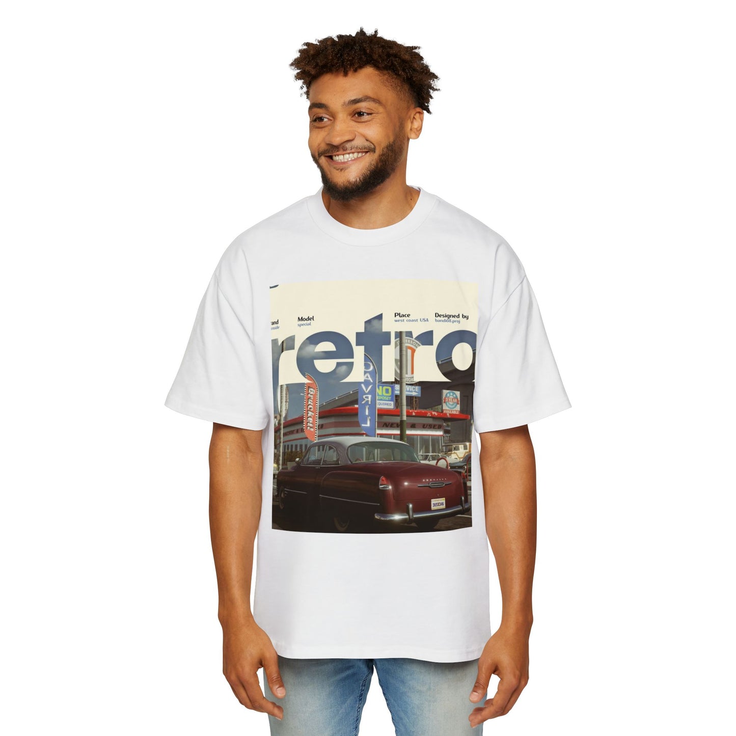Retro Garage Tee — Vintage Car Photo Oversized T-Shirt