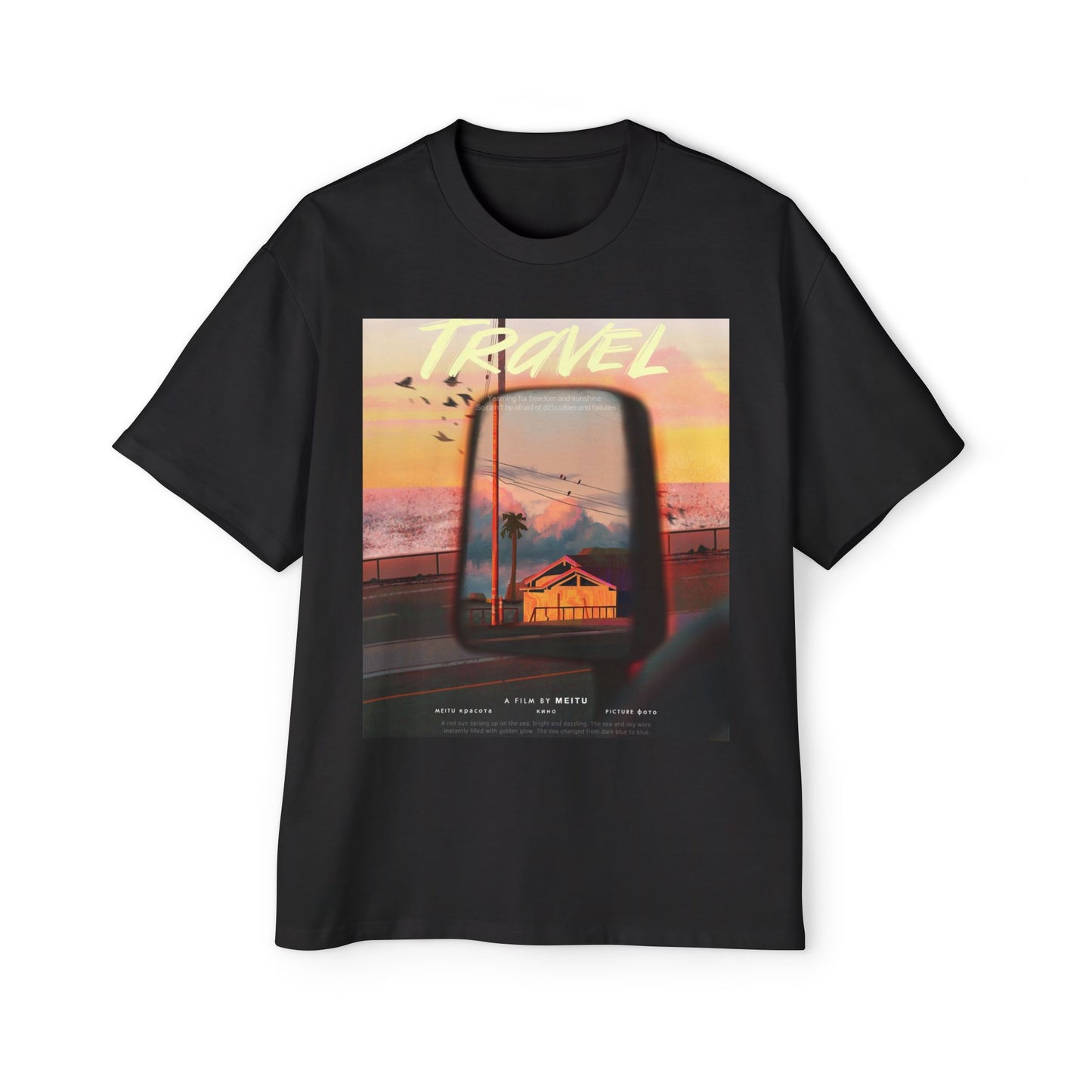 Travel Sunset Tee — Retro Roadside Mirror Graphic T-Shirt