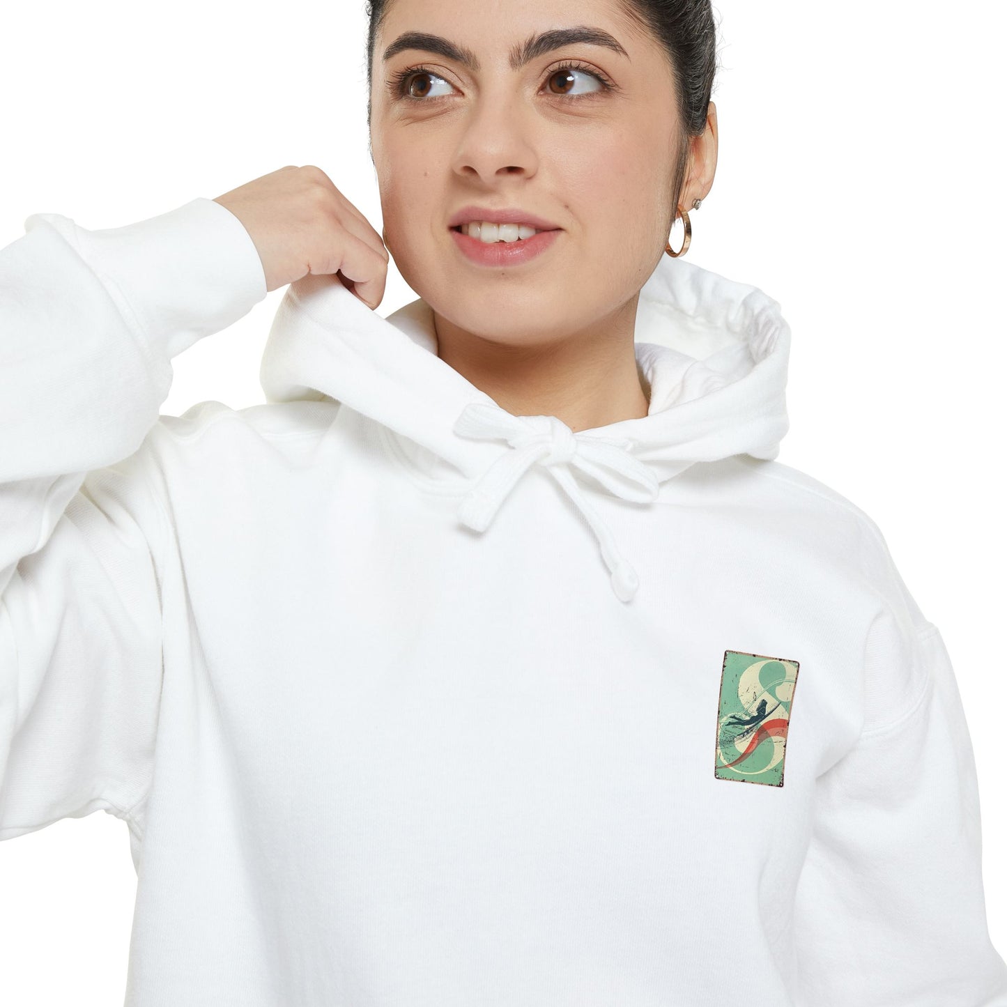 White Hoodie with Retro Skate Sticker Graphic — Vintage Skateboard Design