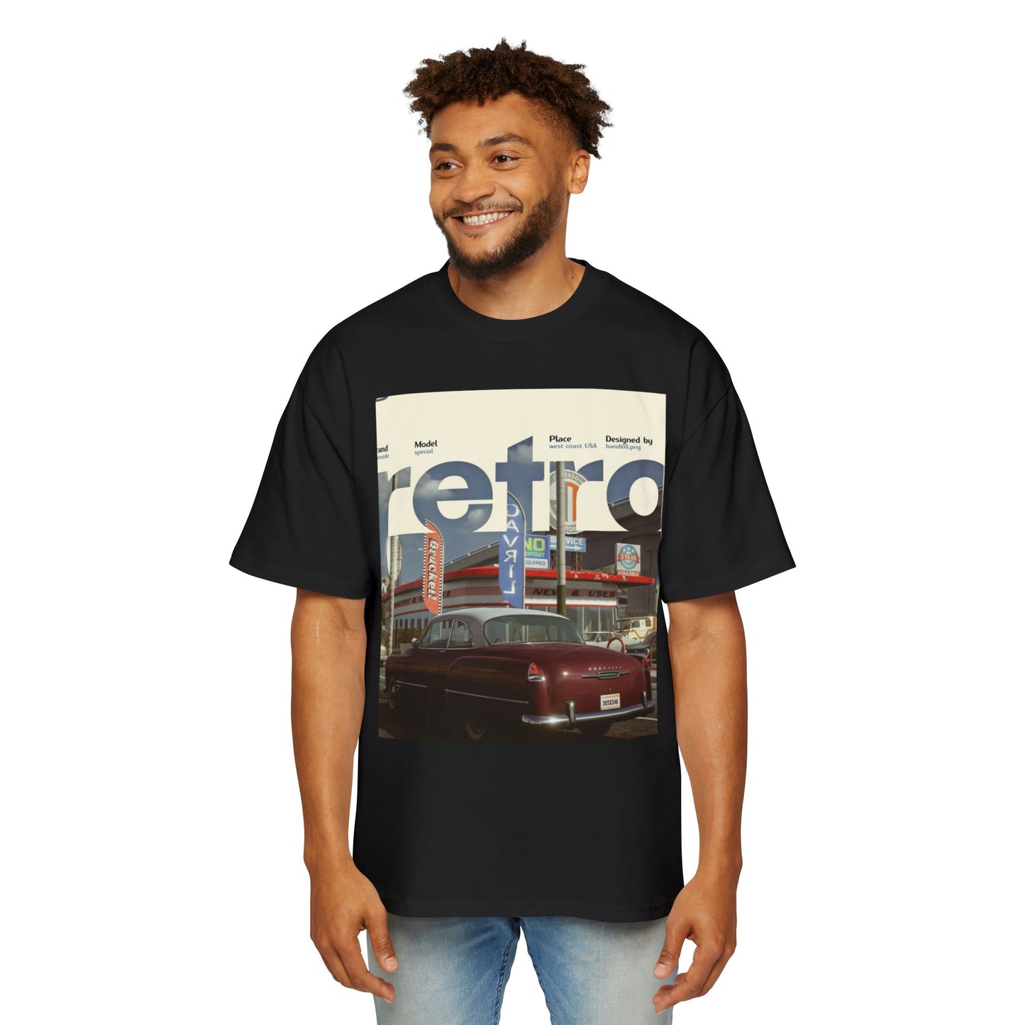 Retro Garage Tee — Vintage Car Photo Oversized T-Shirt