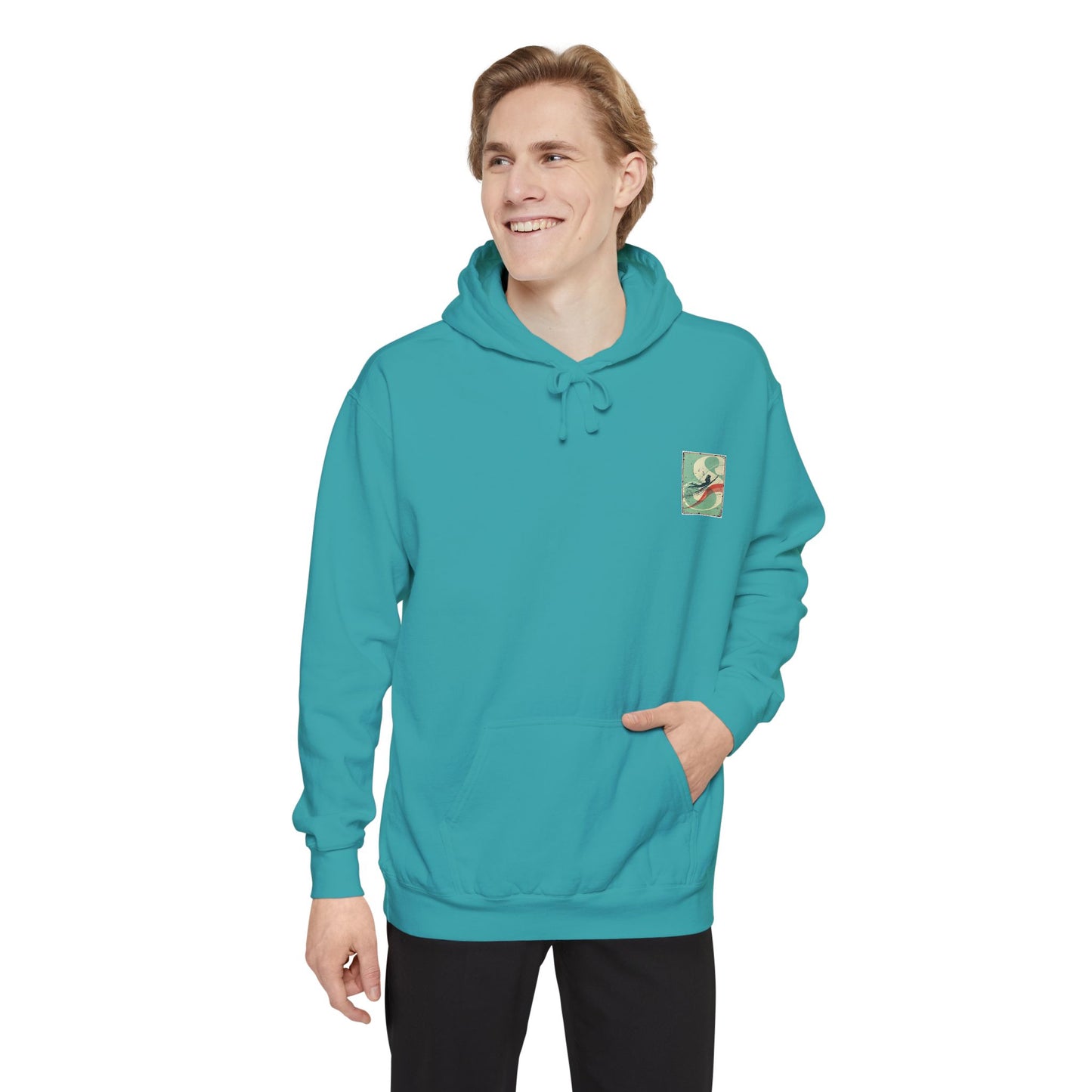 White Hoodie with Retro Skate Sticker Graphic — Vintage Skateboard Design