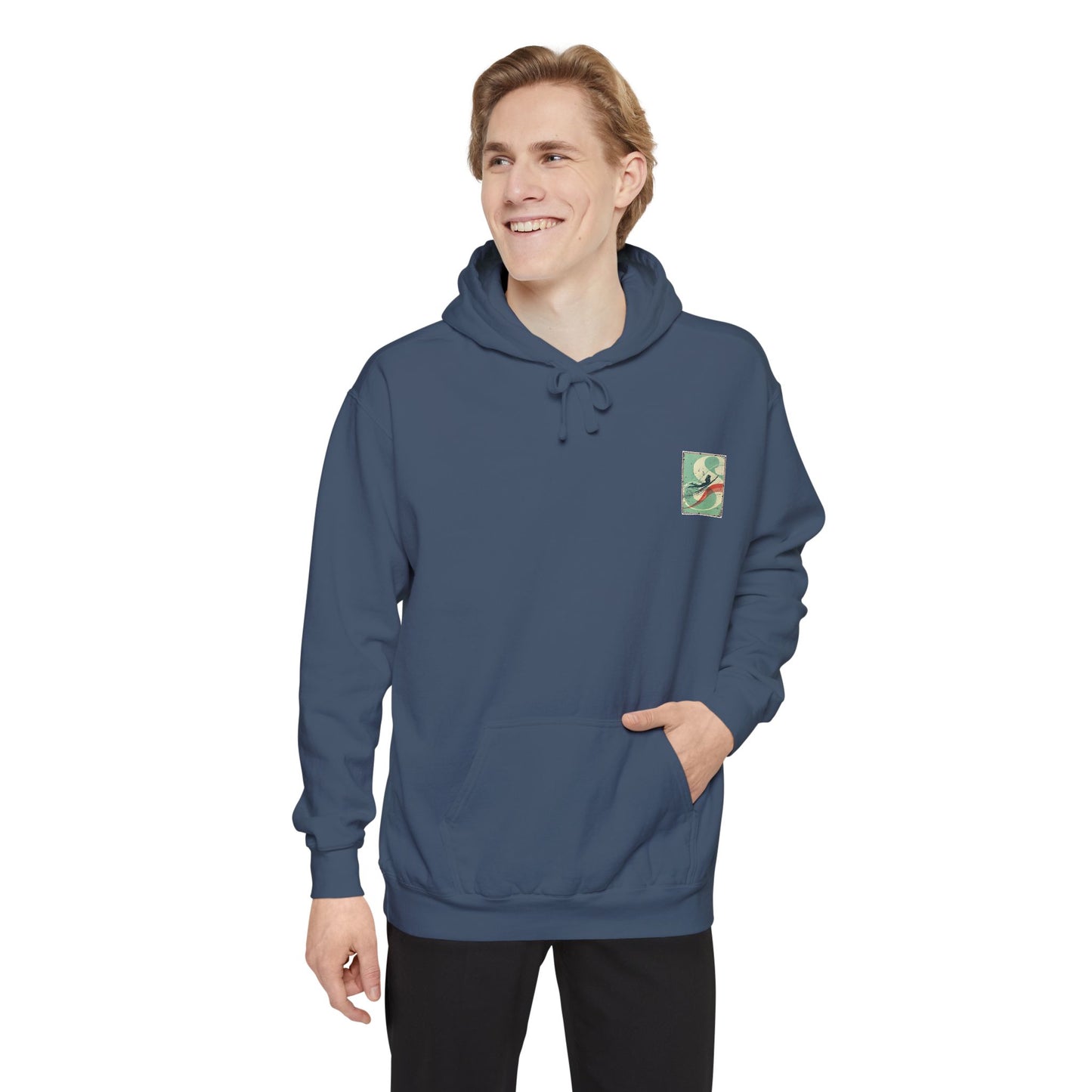 White Hoodie with Retro Skate Sticker Graphic — Vintage Skateboard Design