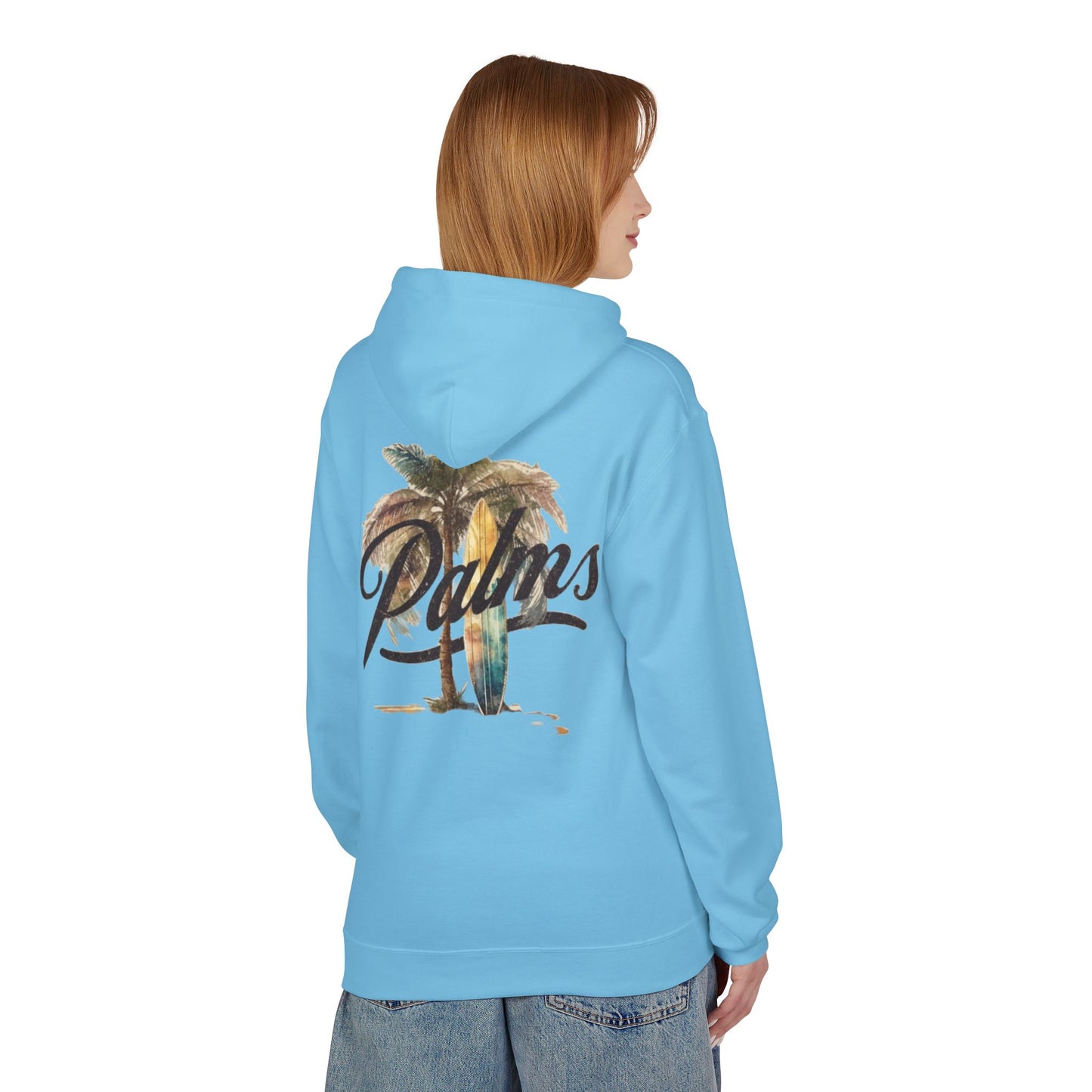 Cozy Beach Vibes Hoodie - Palm Tree & Surf Design