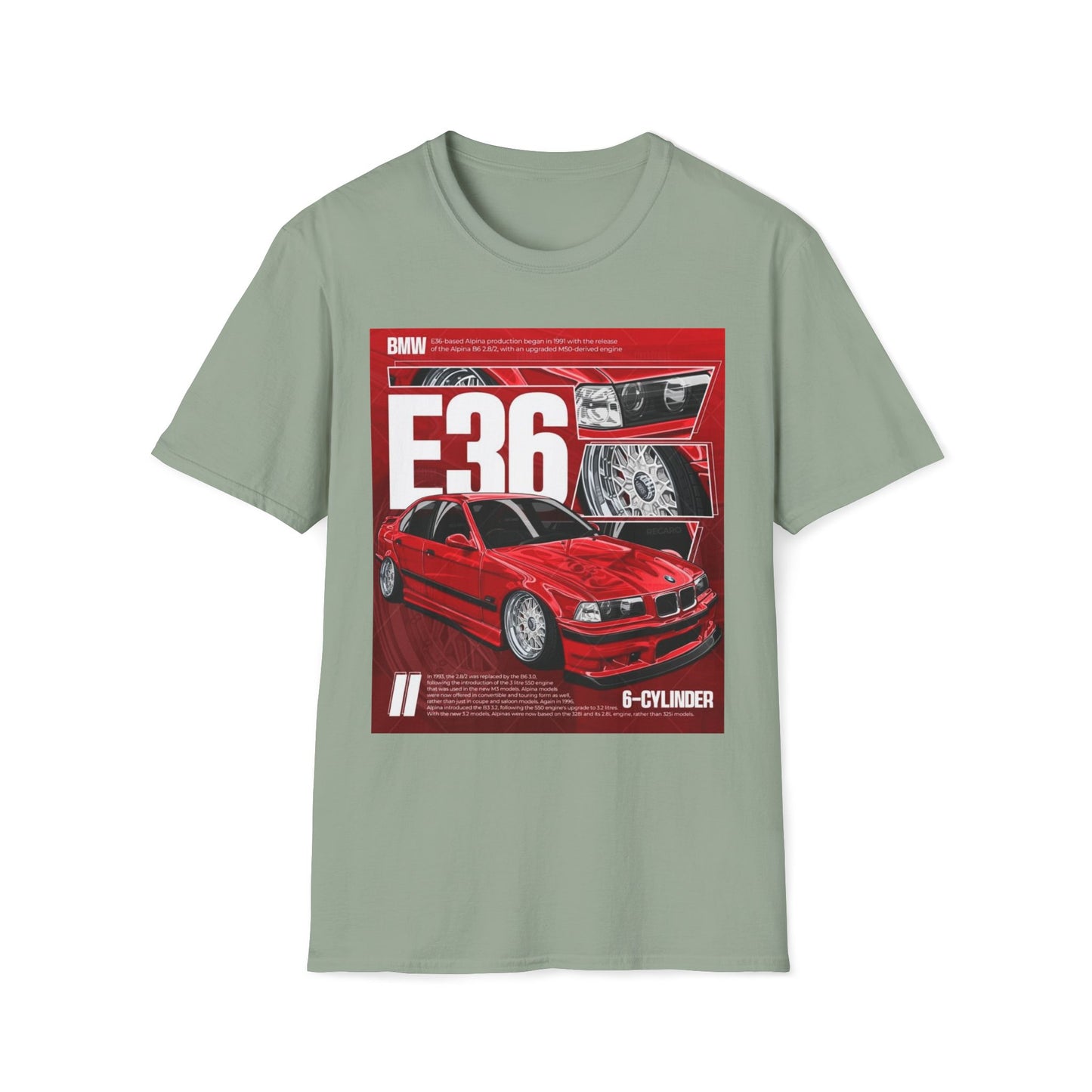 BMW E36 Graphic Unisex Softstyle T-Shirt, Car Enthusiast Tee, Vintage Auto Shirt, Gift for Him, Racing Apparel, Automotive Fashion