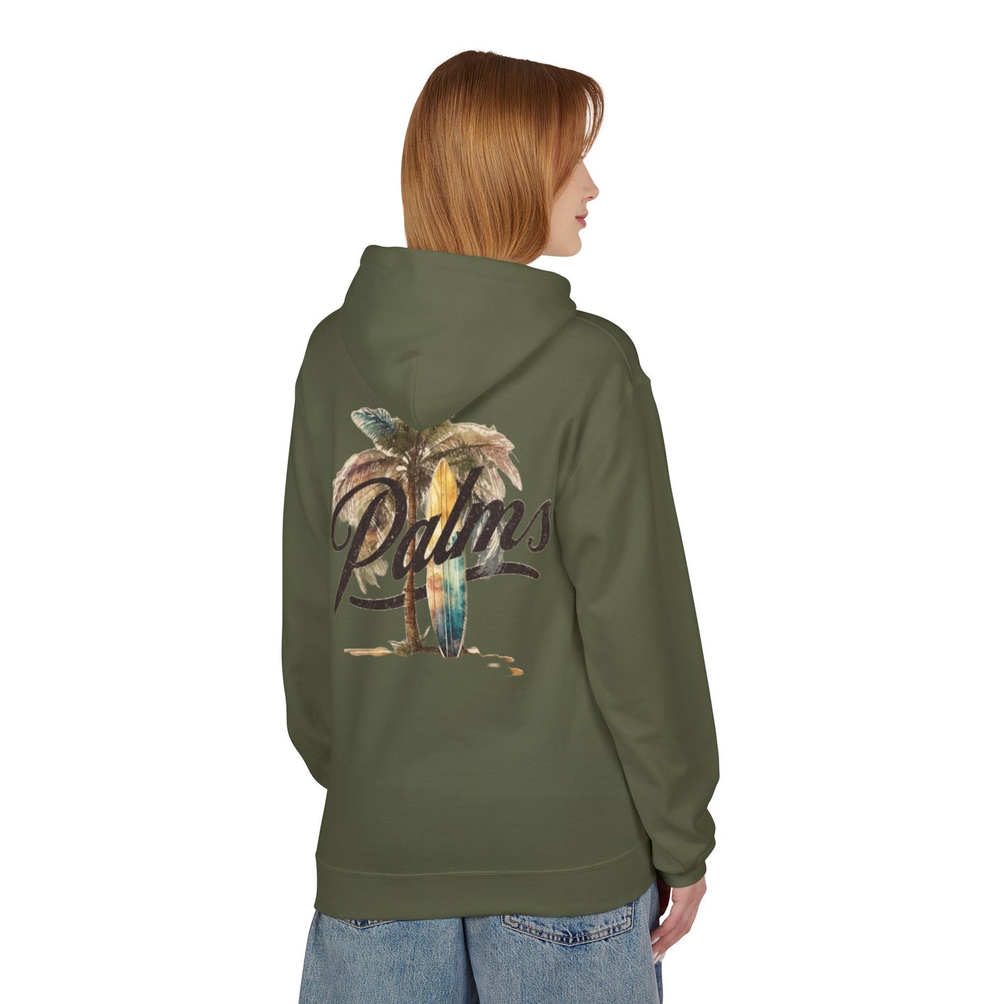 Cozy Beach Vibes Hoodie - Palm Tree & Surf Design