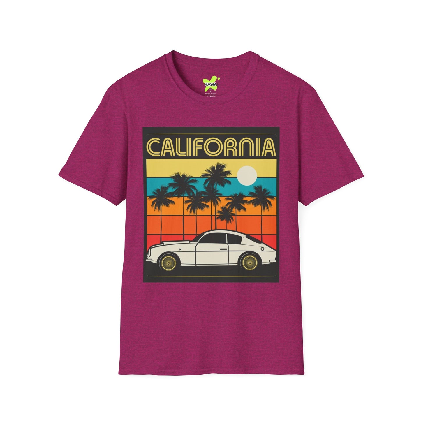 California Sunset Vintage T-Shirt | Unisex Softstyle Tee with Retro Car Design
