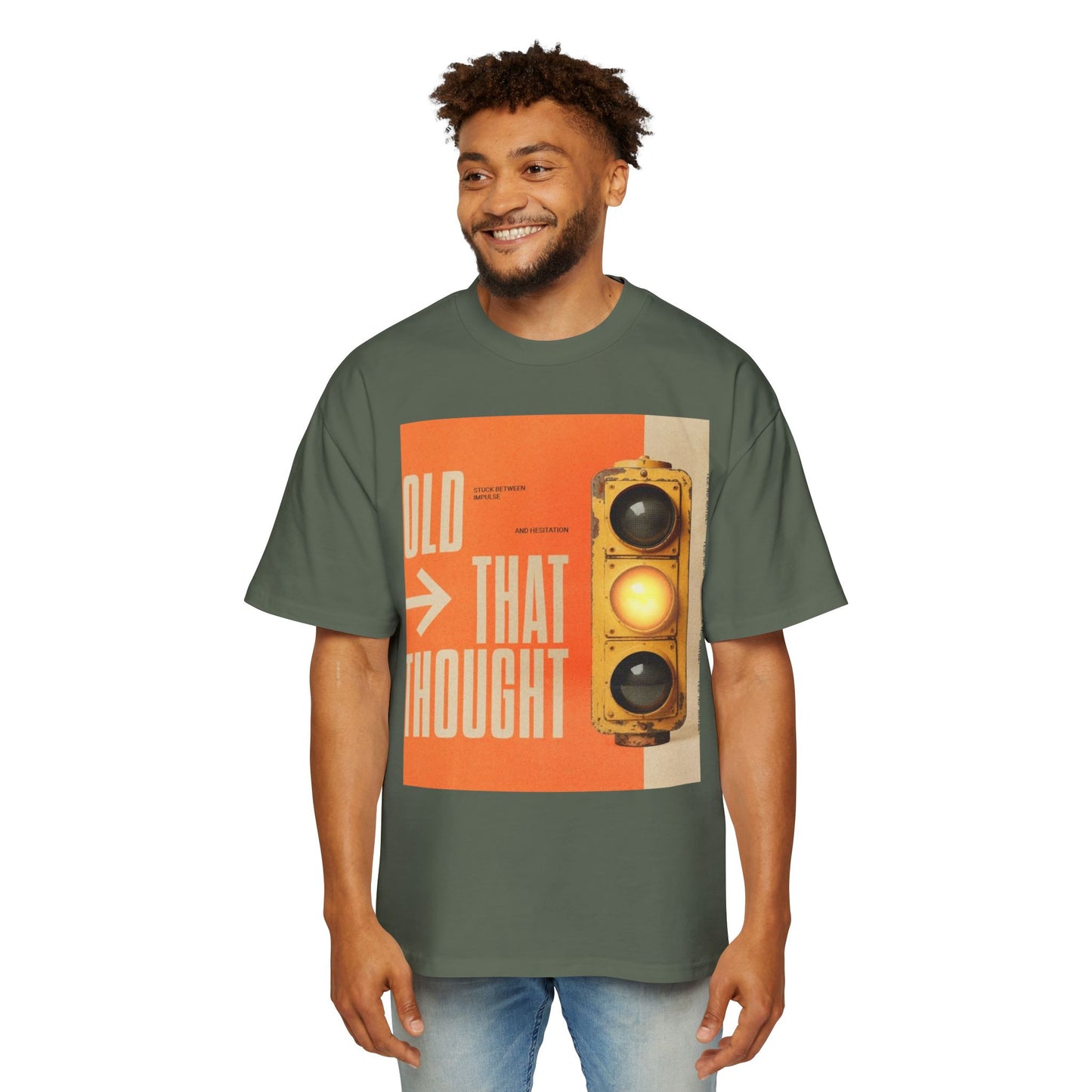 Oversized Tee — Retro Traffic Light 'Hold That Thought' Graphic