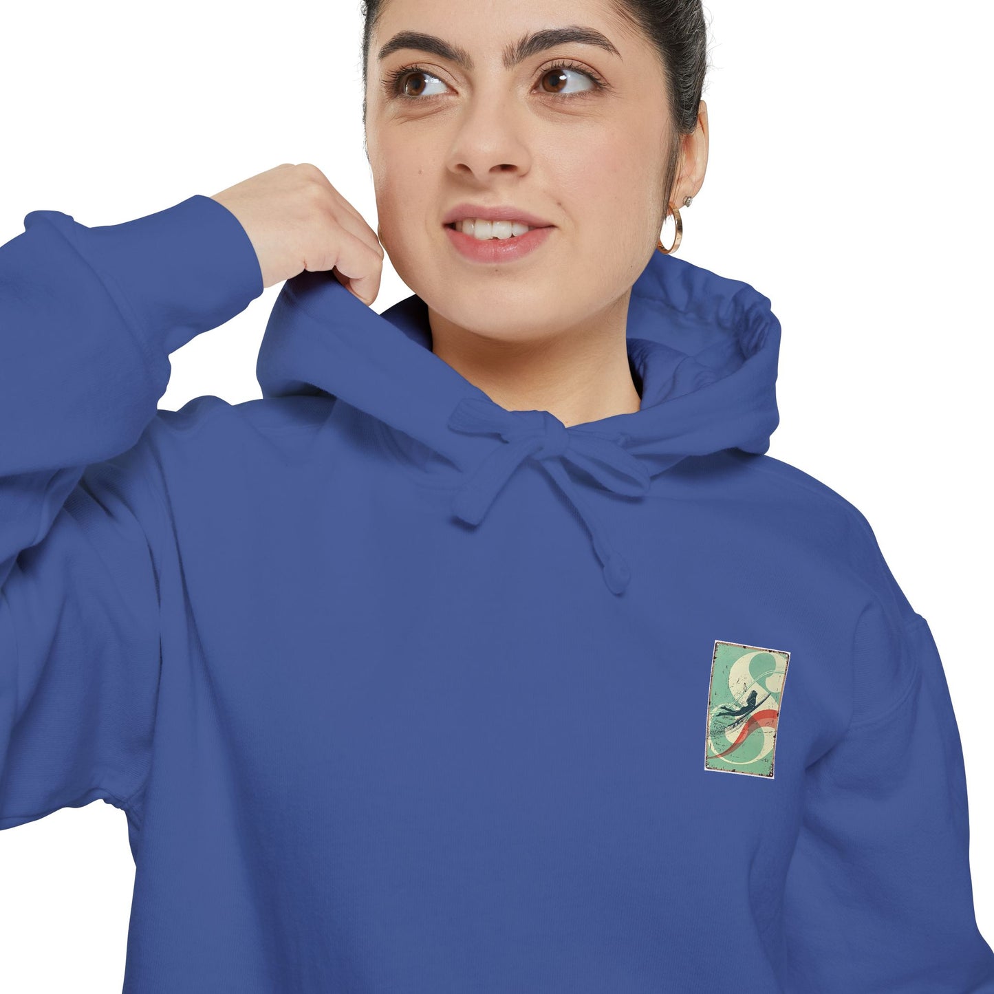 White Hoodie with Retro Skate Sticker Graphic — Vintage Skateboard Design