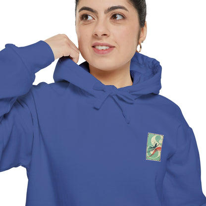 White Hoodie with Retro Skate Sticker Graphic — Vintage Skateboard Design