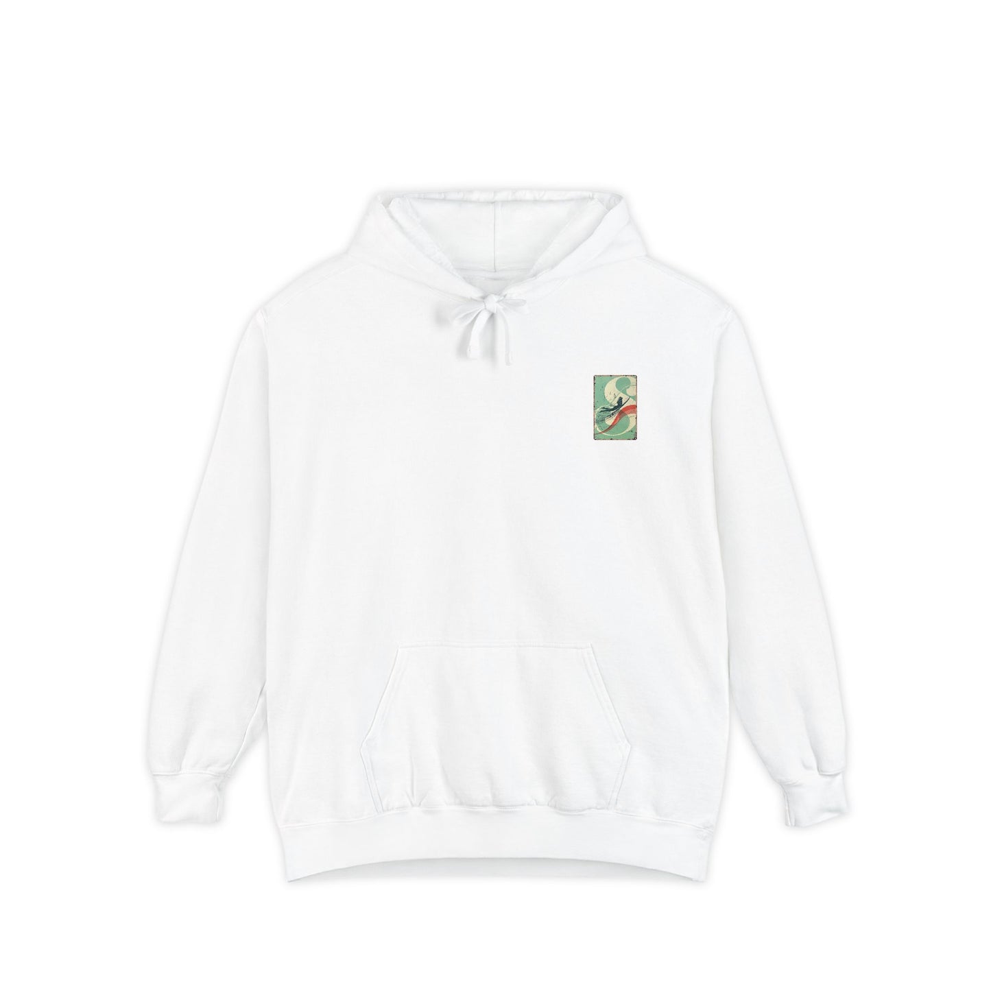 White Hoodie with Retro Skate Sticker Graphic — Vintage Skateboard Design