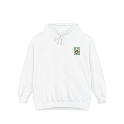 White Hoodie with Retro Skate Sticker Graphic — Vintage Skateboard Design