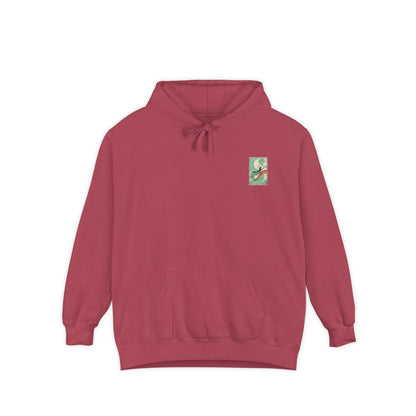 White Hoodie with Retro Skate Sticker Graphic — Vintage Skateboard Design