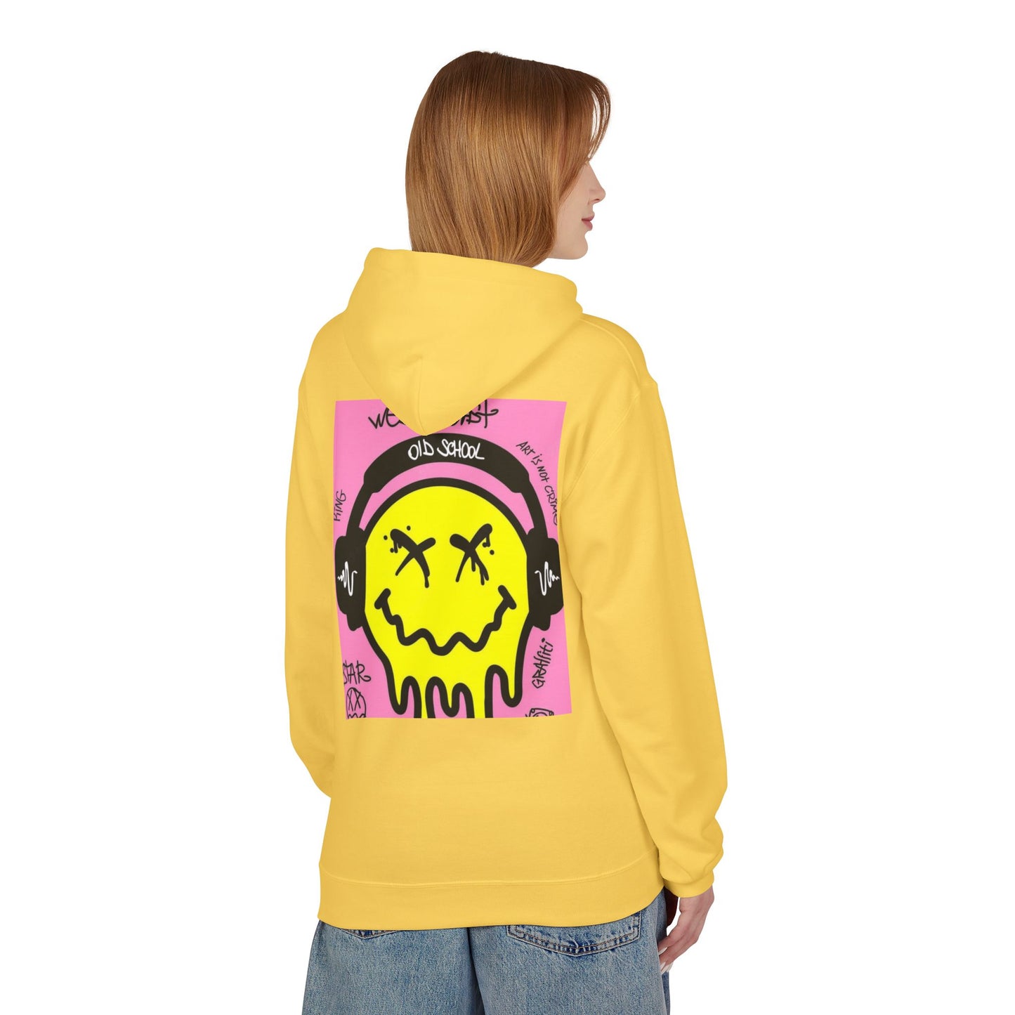Retro Graffiti Hoodie – Unisex Midweight Fleece with Vibrant Yellow Design