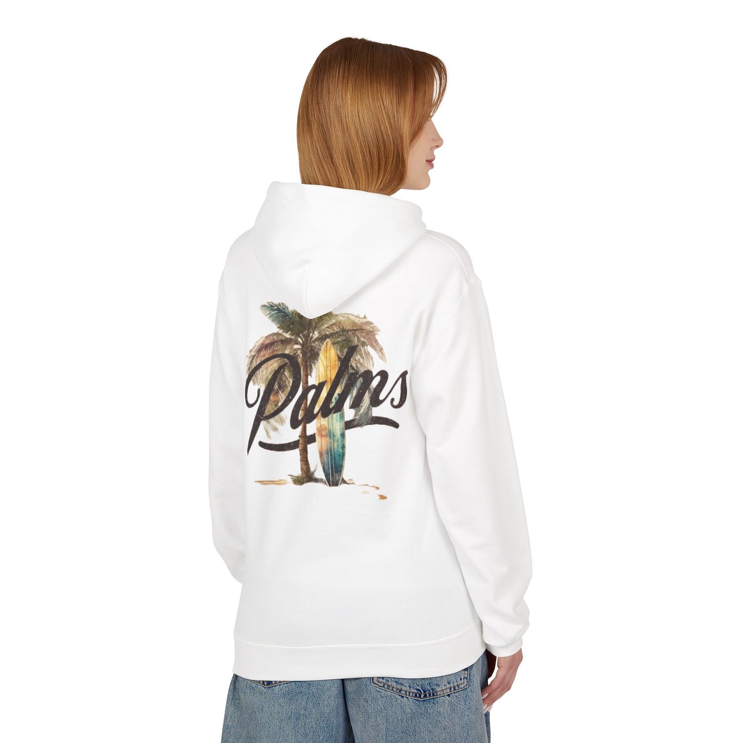 Cozy Beach Vibes Hoodie - Palm Tree & Surf Design