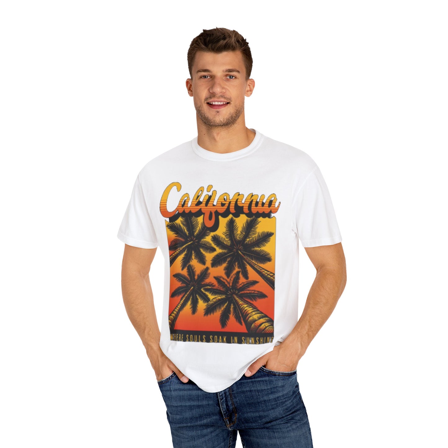 California Sunset T-Shirt - Garment-Dyed Unisex Tee with Palm Tree Design
