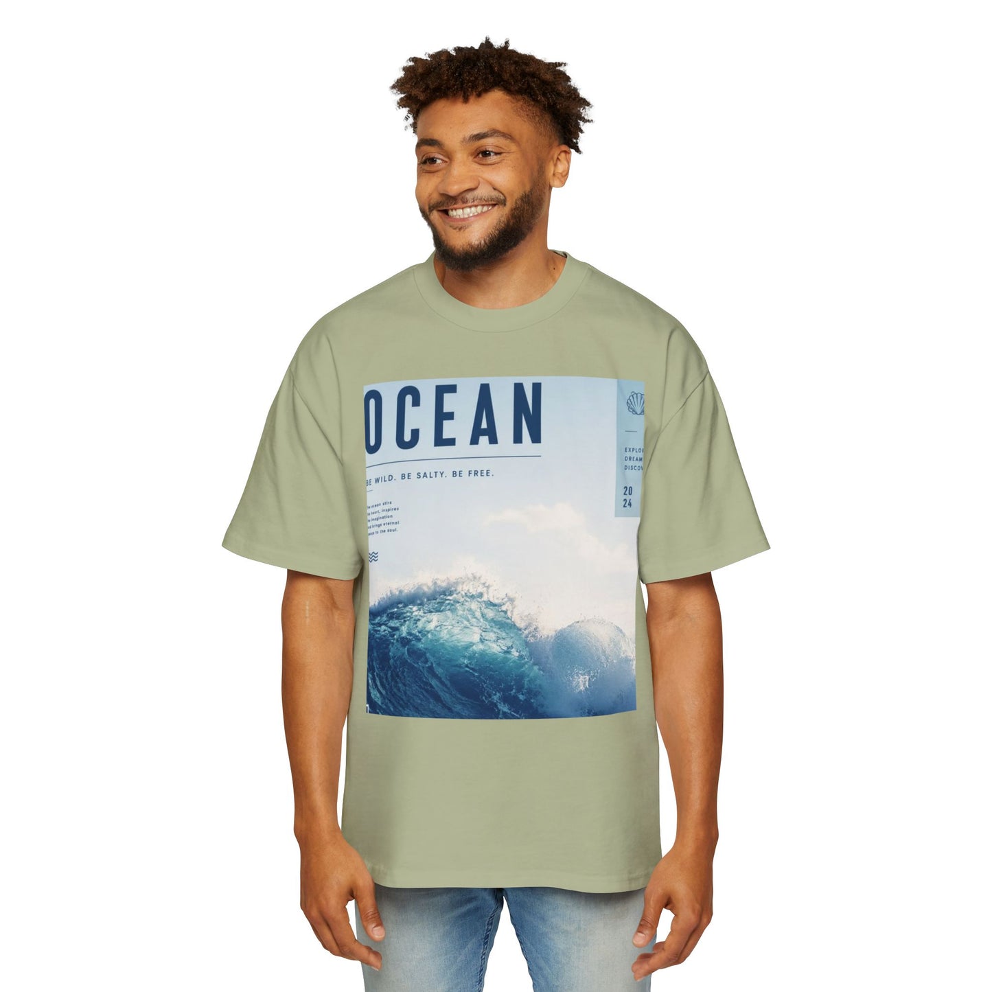 Ocean Wave Graphic Tee — "OCEAN" Photo Print Oversized Men's T-Shirt