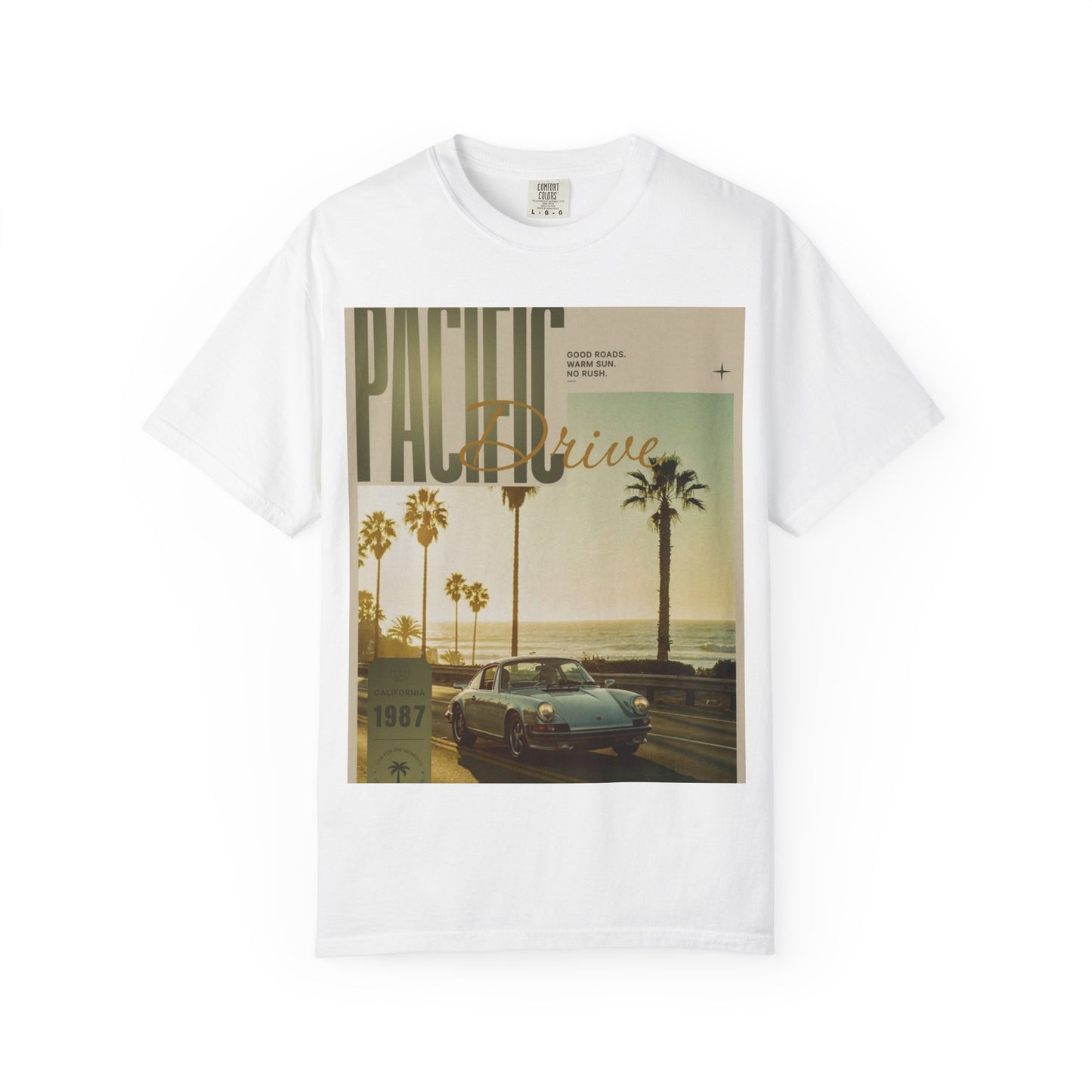Pacific Drive Vintage Beach T-Shirt – Sunset Palm Coastal Graphic Tee