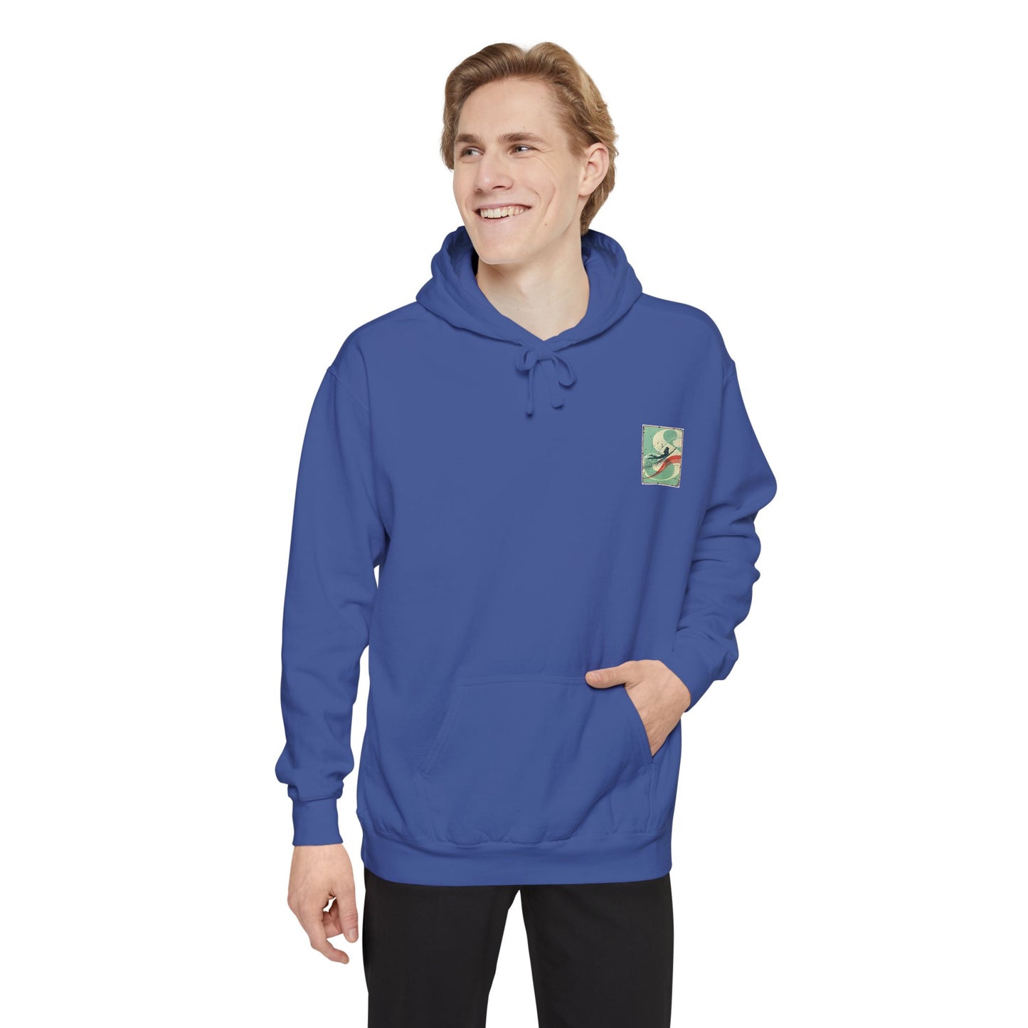 White Hoodie with Retro Skate Sticker Graphic — Vintage Skateboard Design
