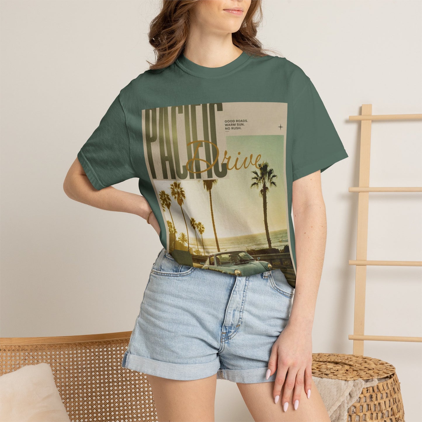 Pacific Drive Vintage Beach T-Shirt – Sunset Palm Coastal Graphic Tee