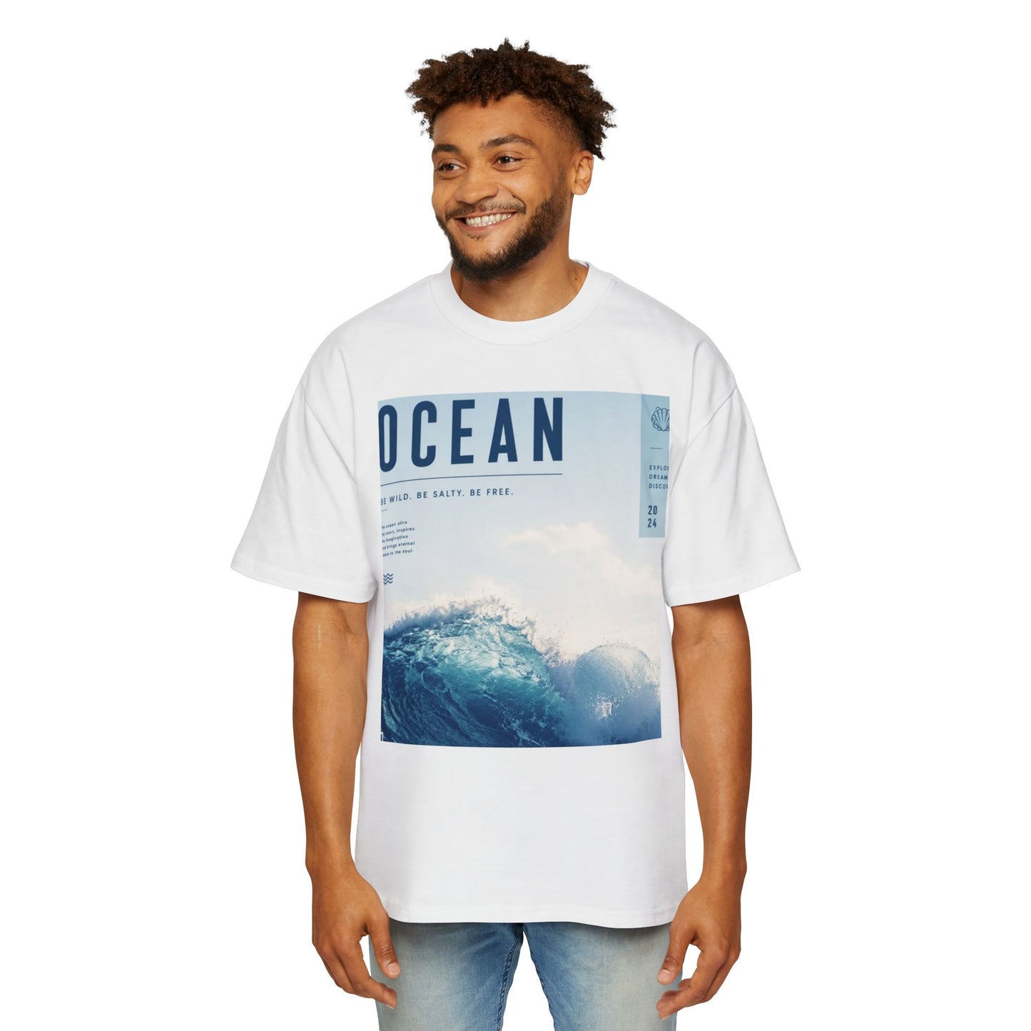 Ocean Wave Graphic Tee — "OCEAN" Photo Print Oversized Men's T-Shirt