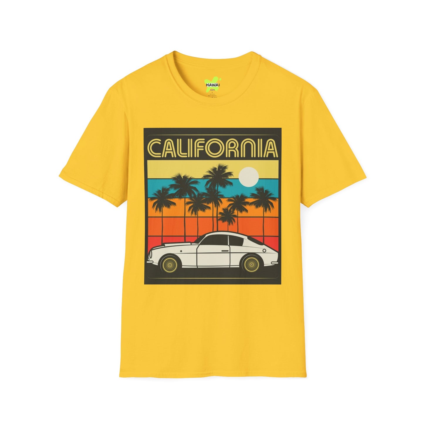 California Sunset Vintage T-Shirt | Unisex Softstyle Tee with Retro Car Design