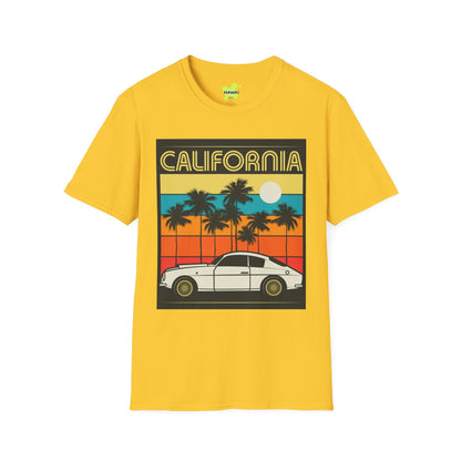 California Sunset Vintage T-Shirt | Unisex Softstyle Tee with Retro Car Design